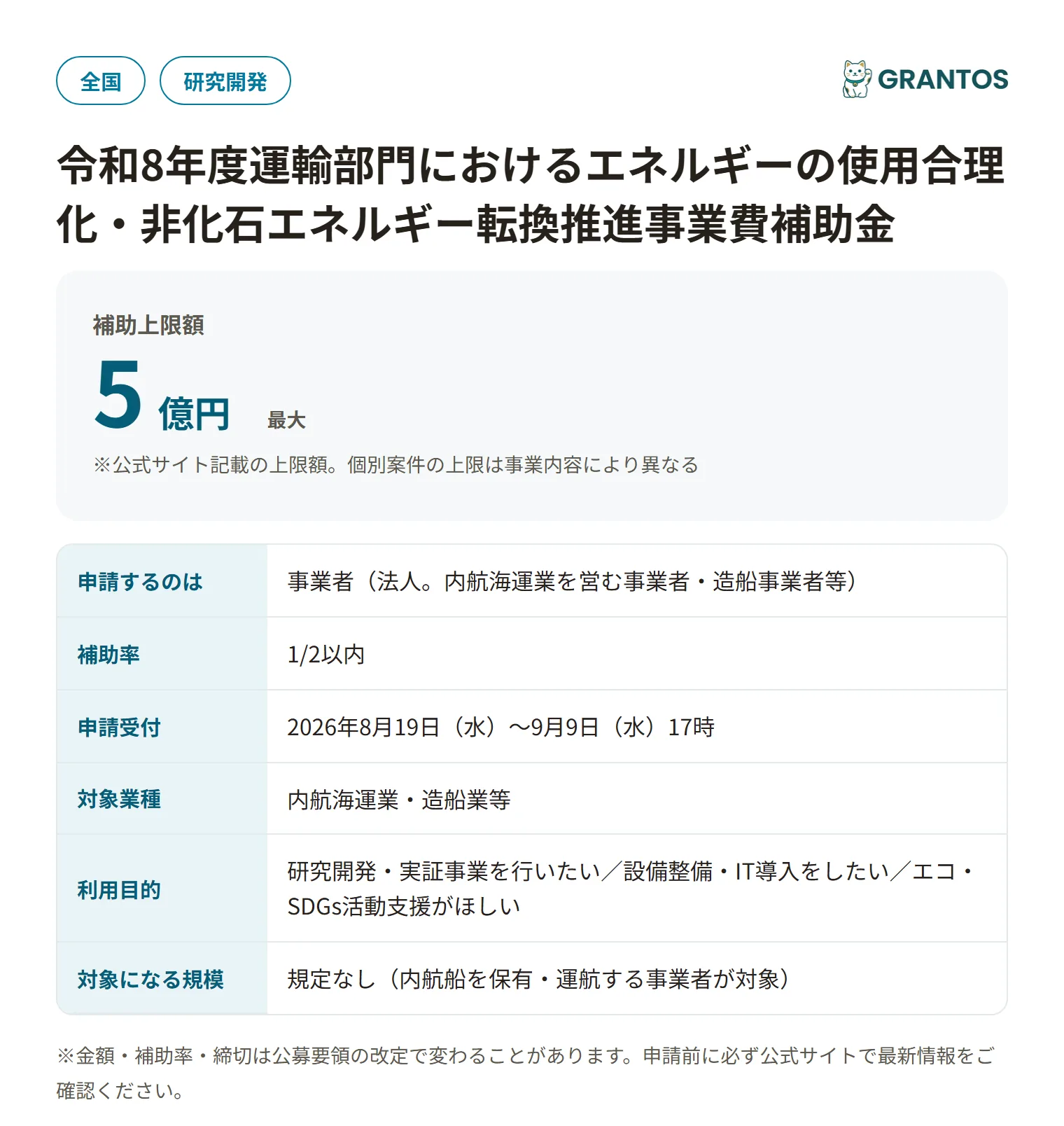 内航船革新的運航効率化・非化石エネルギー転換推進事業補助金の対象・金額・締切の概要