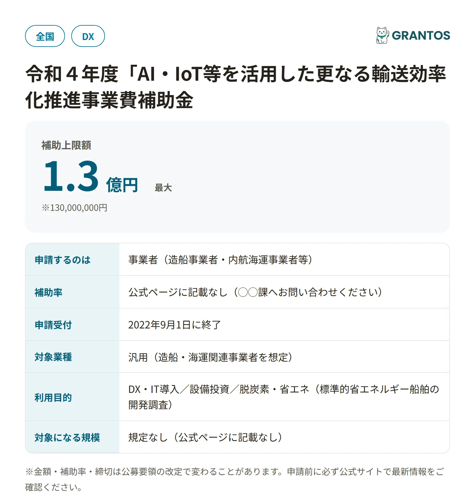 内航船の運航効率化実証事業補助金の対象・金額・締切の概要