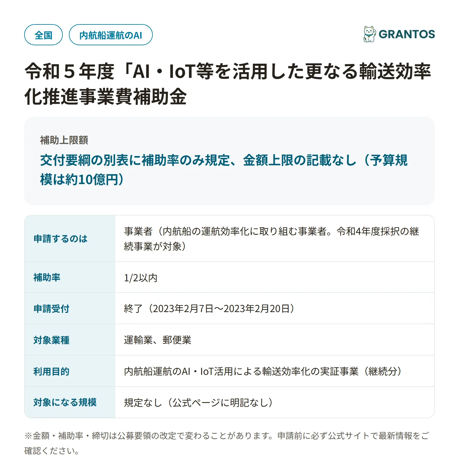 AI・IoT活用の内航船運航効率化補助金(R5)の対象・金額・締切の概要