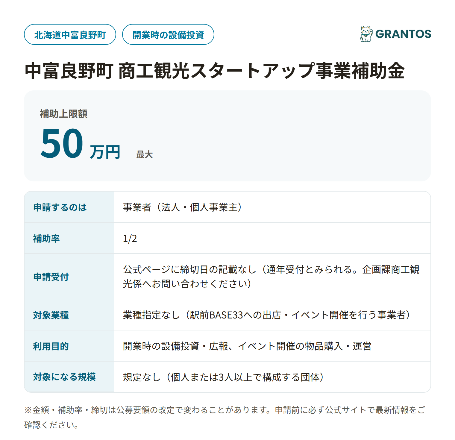 中富良野町商工観光スタートアップ支援事業補助金の対象・金額・締切の概要