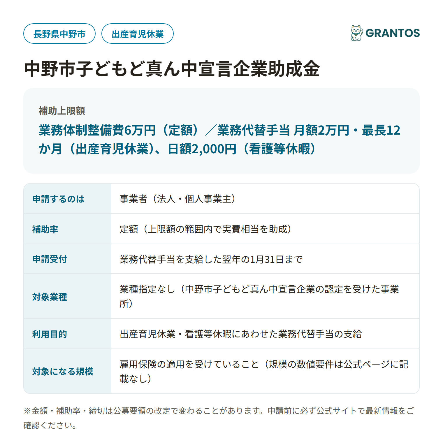 中野市子どもど真ん中宣言企業助成金の対象・金額・締切の概要