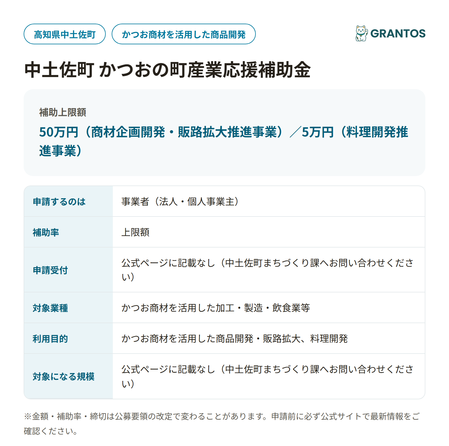 中土佐町かつおの町産業応援補助金の対象・金額・締切の概要