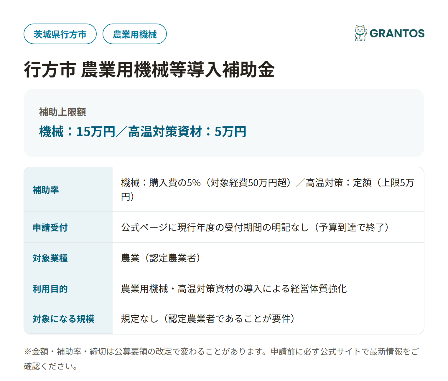 行方市農業用機械等導入補助金の対象・金額・締切の概要