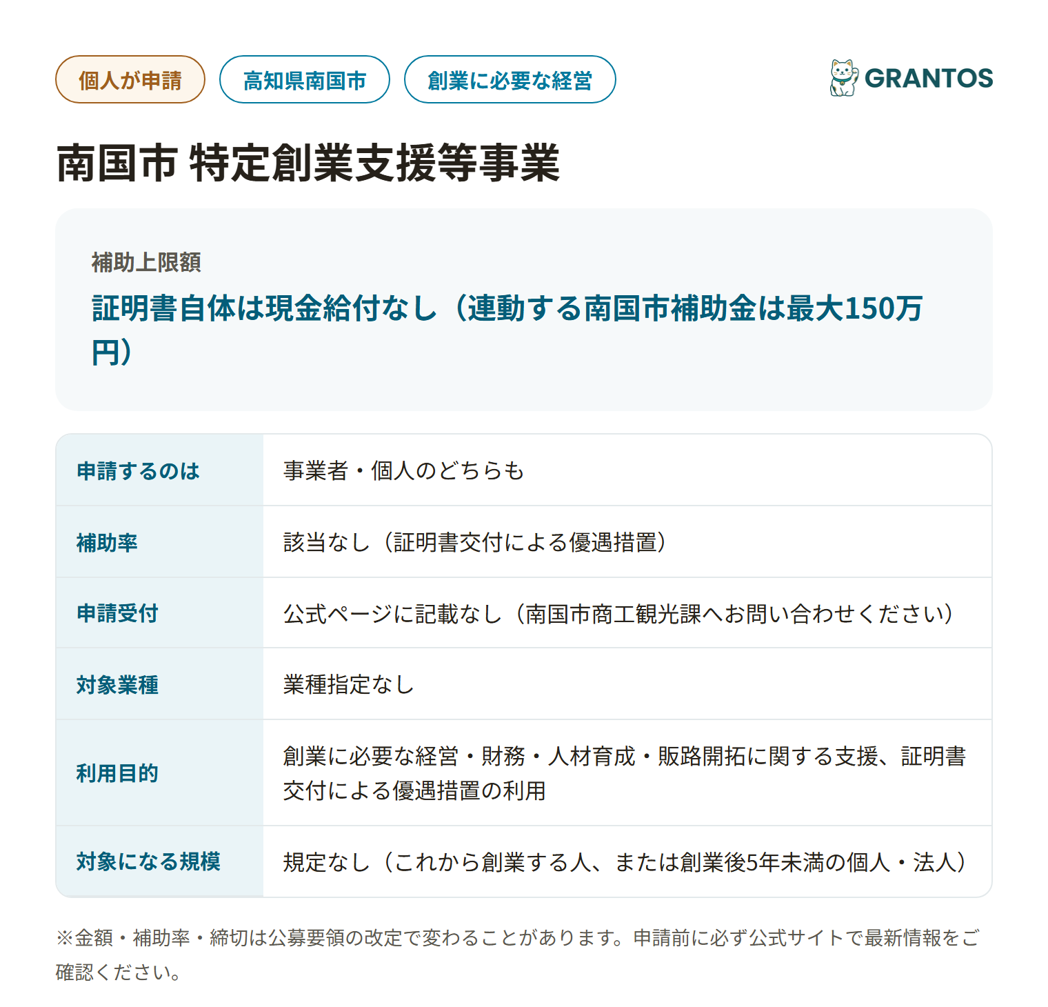 南国市特定創業支援等事業の対象・金額・締切の概要