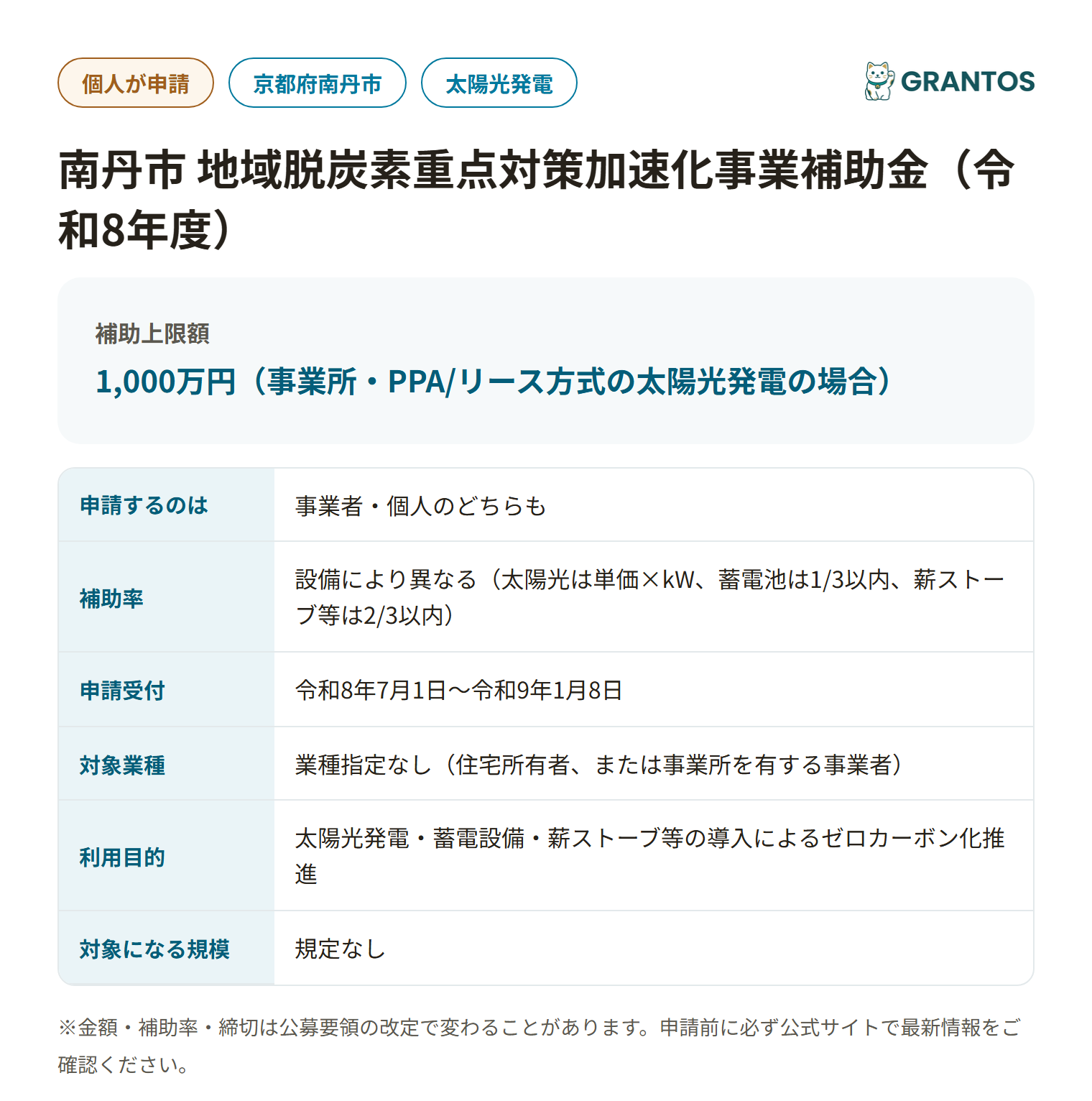 南丹市地域脱炭素重点対策加速化事業補助金の対象・金額・締切の概要