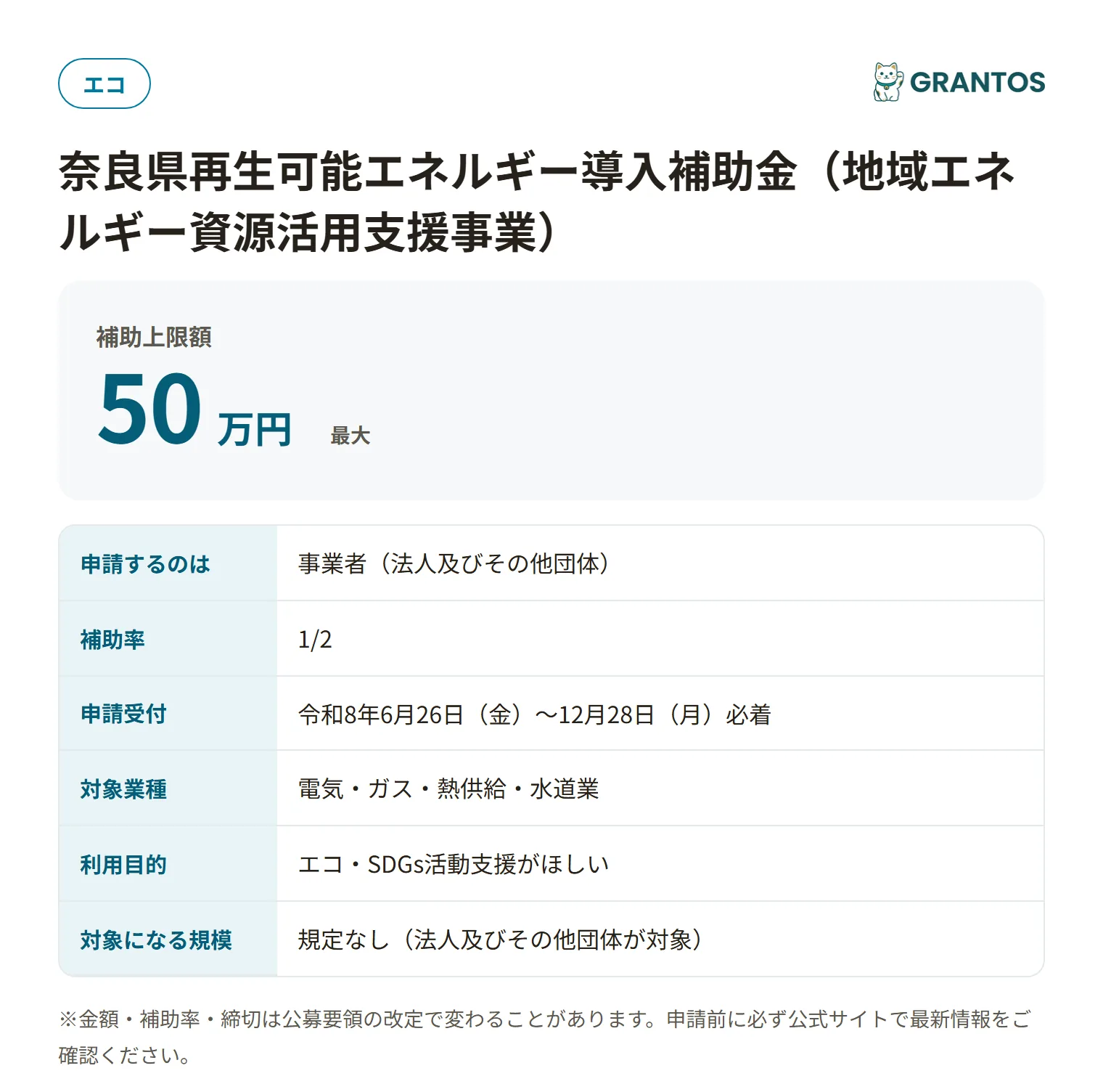 地域エネルギー資源活用支援事業の対象・金額・締切の概要