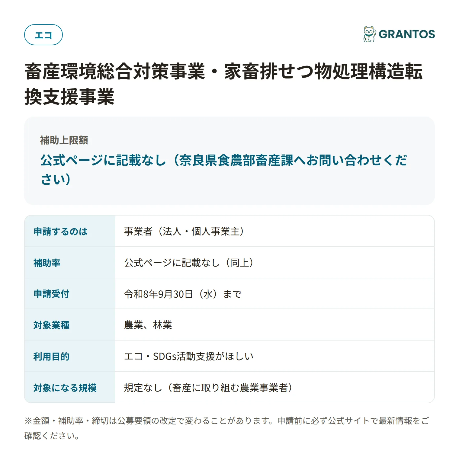 畜産環境総合対策事業補助金の対象・金額・締切の概要