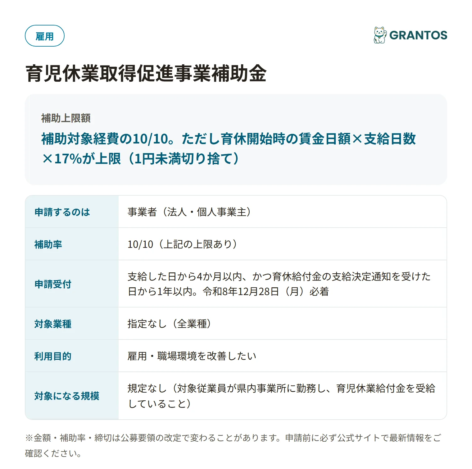 育児休業取得促進事業補助金の対象・金額・締切の概要