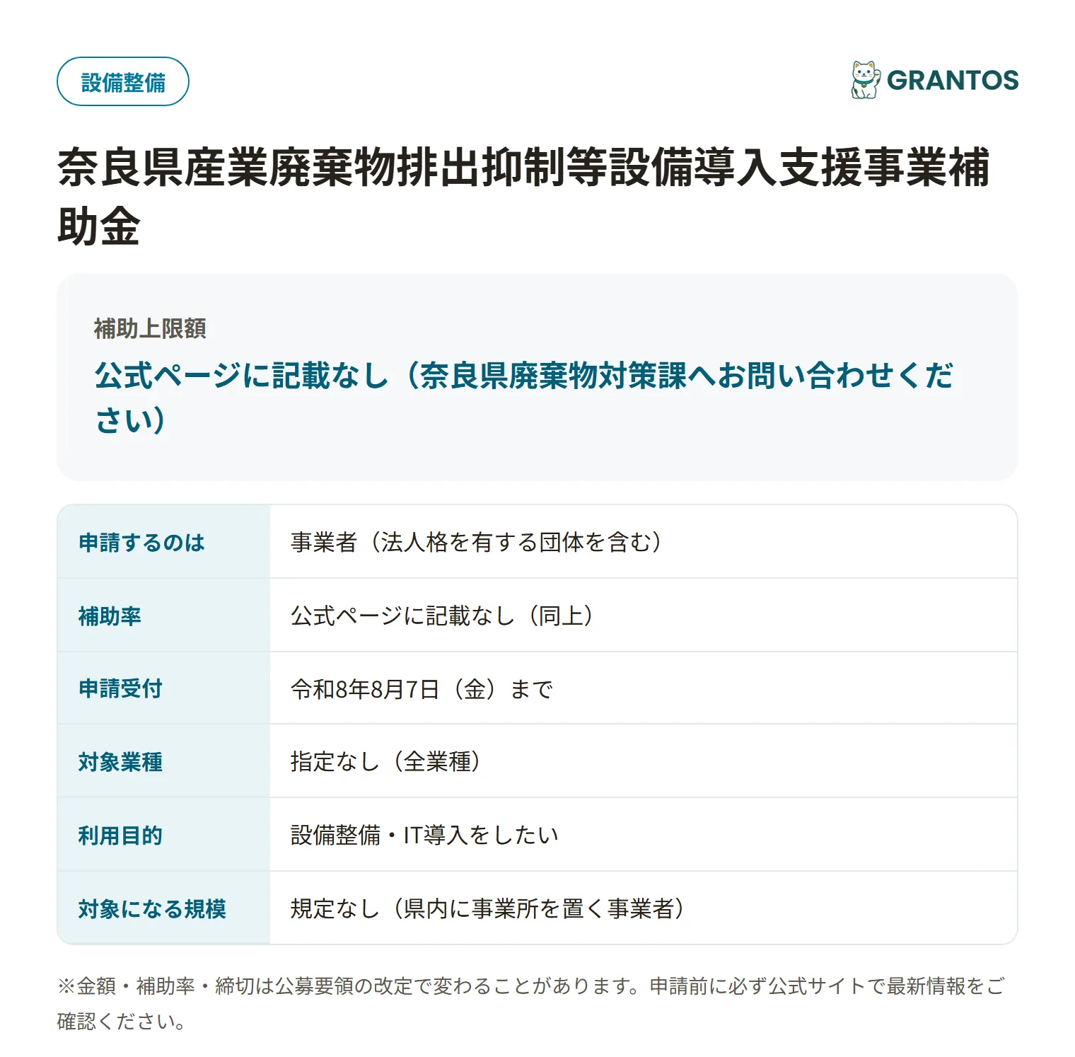 産業廃棄物排出抑制等設備導入支援事業補助金の対象・金額・締切の概要