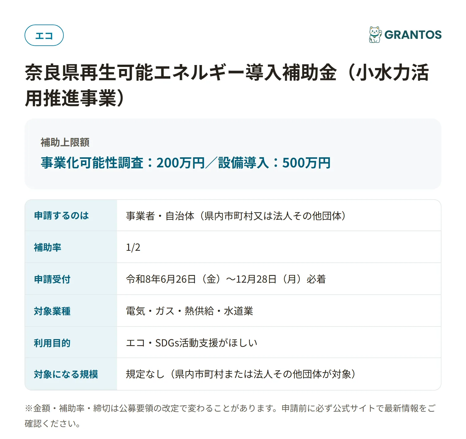 小水力活用推進事業の対象・金額・締切の概要
