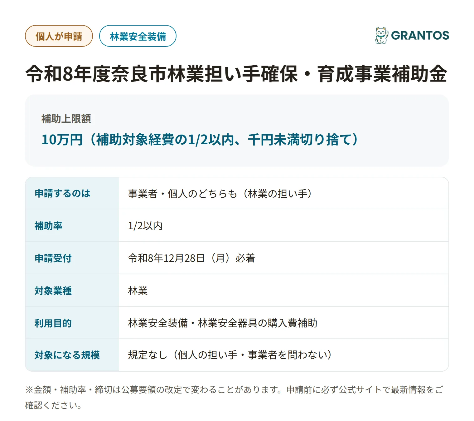 林業担い手確保・育成事業補助金の対象・金額・締切の概要
