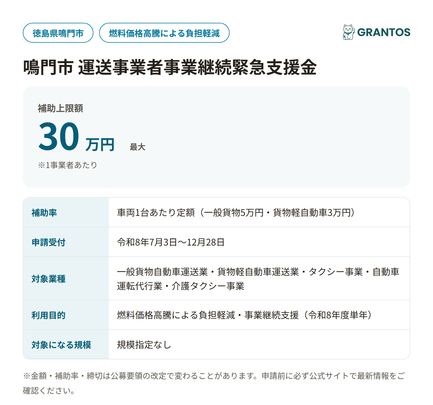 鳴門市運送事業者事業継続緊急支援金の対象・金額・締切の概要