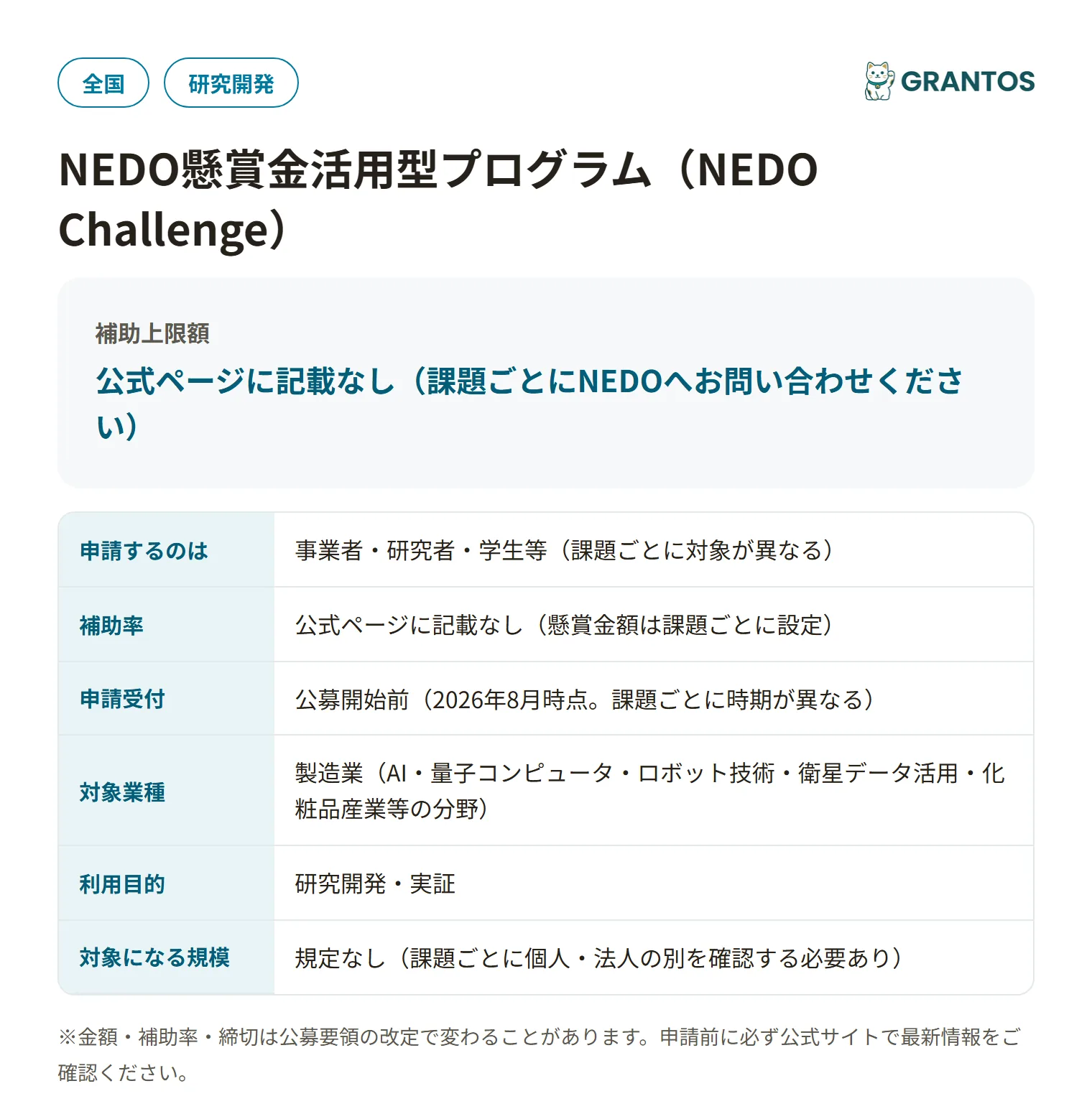 NEDO懸賞金活用型プログラムの対象・金額・締切の概要