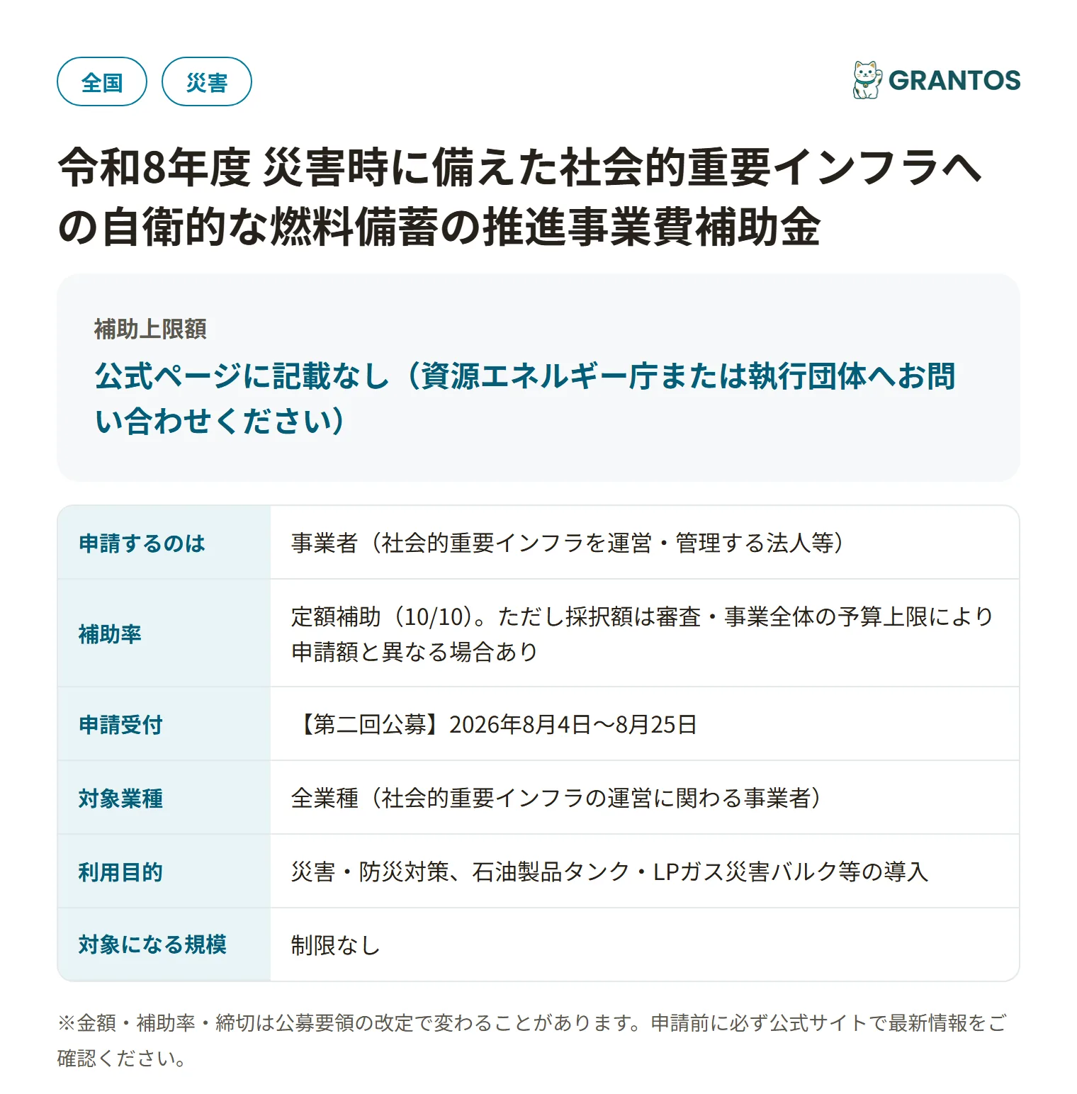 災害時に備えた社会的重要インフラへの自衛的な燃料備蓄の推進事業費補助金の対象・金額・締切の概要