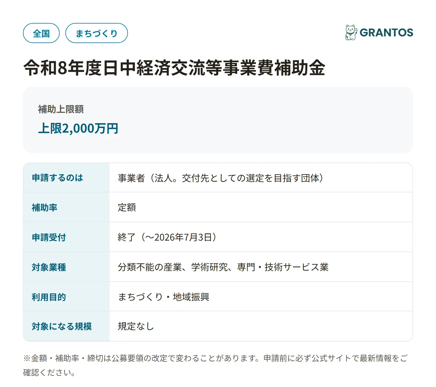 日中経済交流等事業費補助金の対象・金額・締切の概要