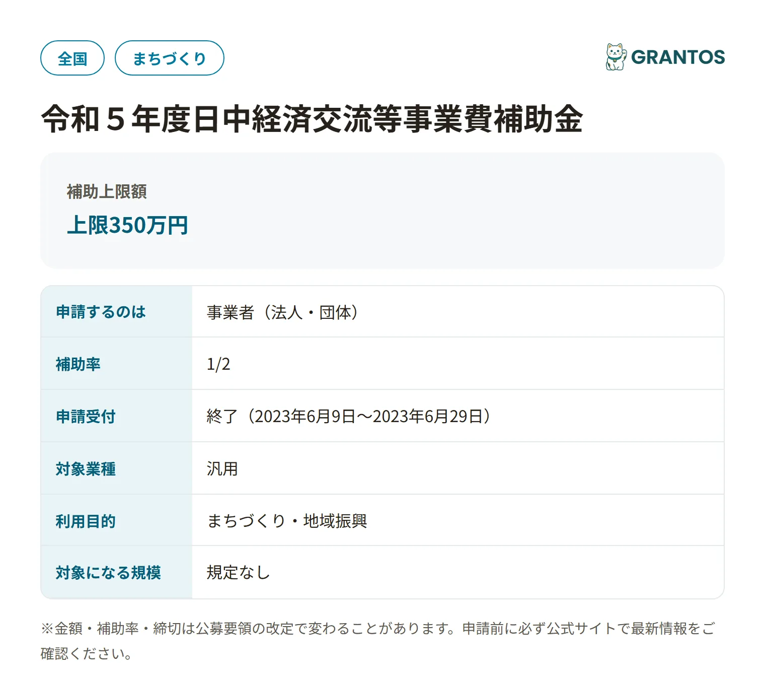令和５年度日中経済交流等事業費補助金の対象・金額・締切の概要