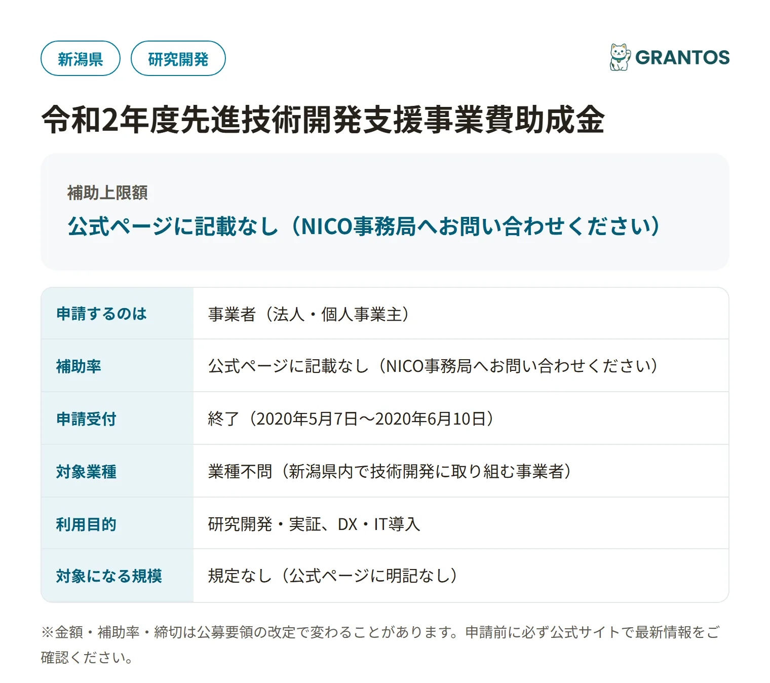 先進技術開発支援事業費助成金（令和2年度）の対象・金額・締切の概要