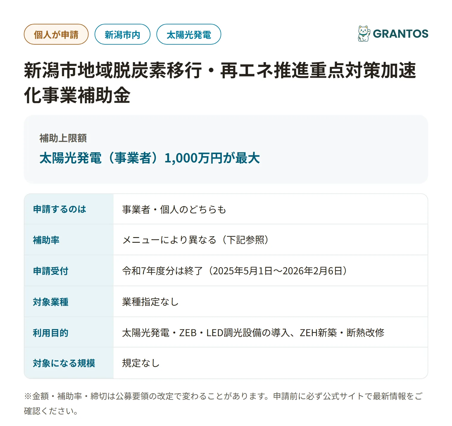 新潟市地域脱炭素移行・再エネ推進重点対策加速化事業補助金の対象・金額・締切の概要