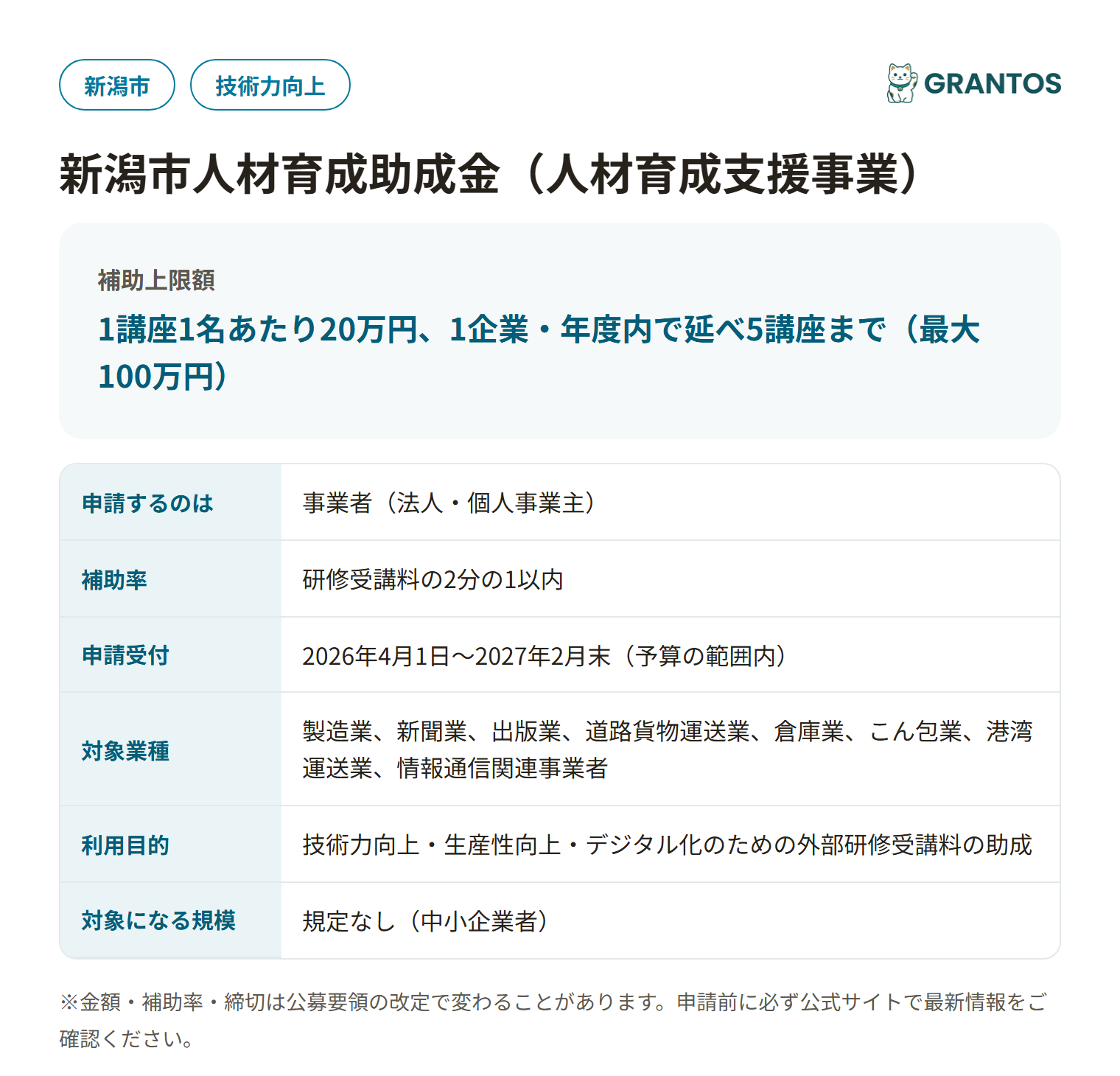 人材育成助成金（人材育成支援事業）の対象・金額・締切の概要