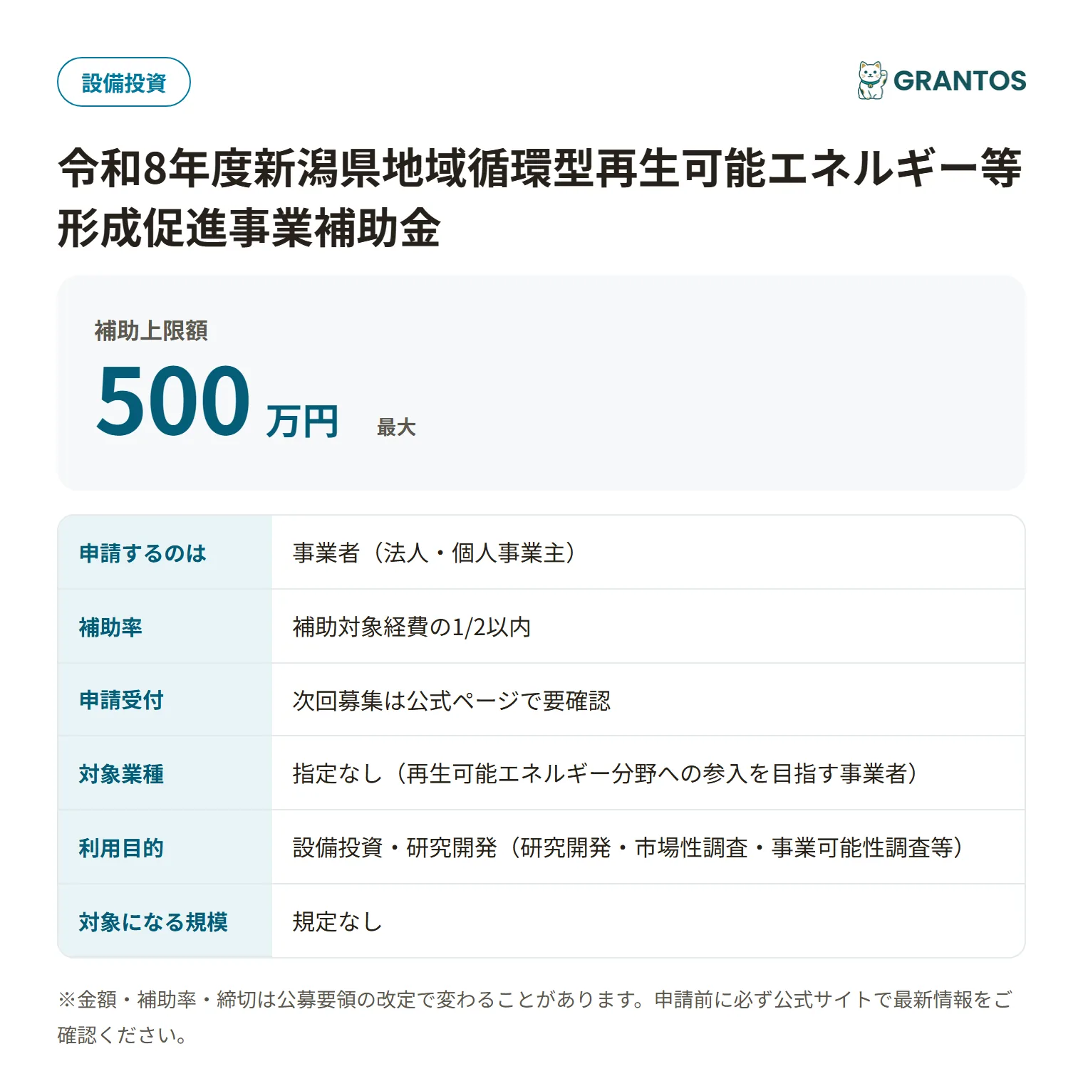 令和8年度新潟県地域循環型再生可能エネルギー等形成促進事業補助金の対象・金額・締切の概要
