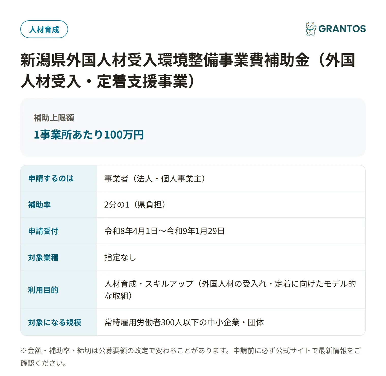 新潟県外国人材受入・定着支援事業の対象・金額・締切の概要