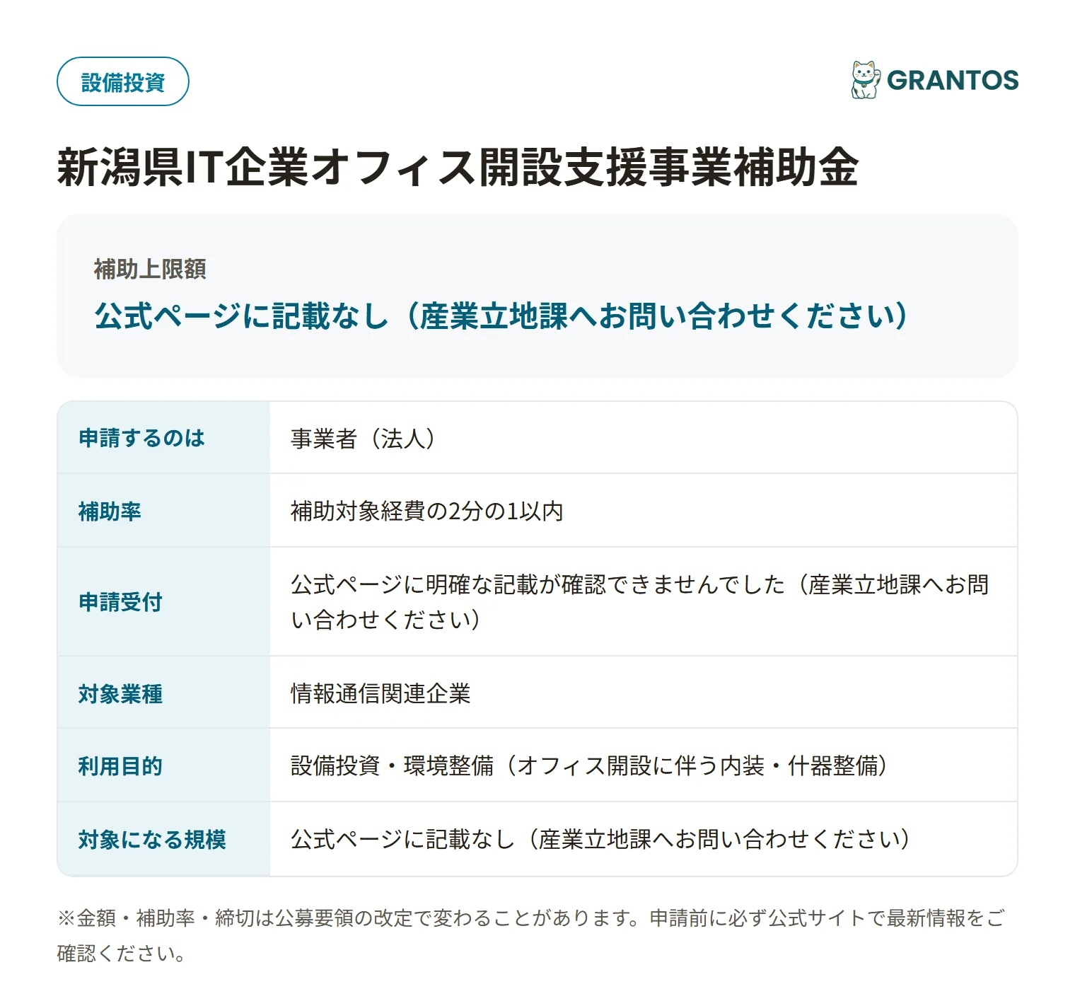 新潟県IT企業オフィス開設支援事業補助金の対象・金額・締切の概要