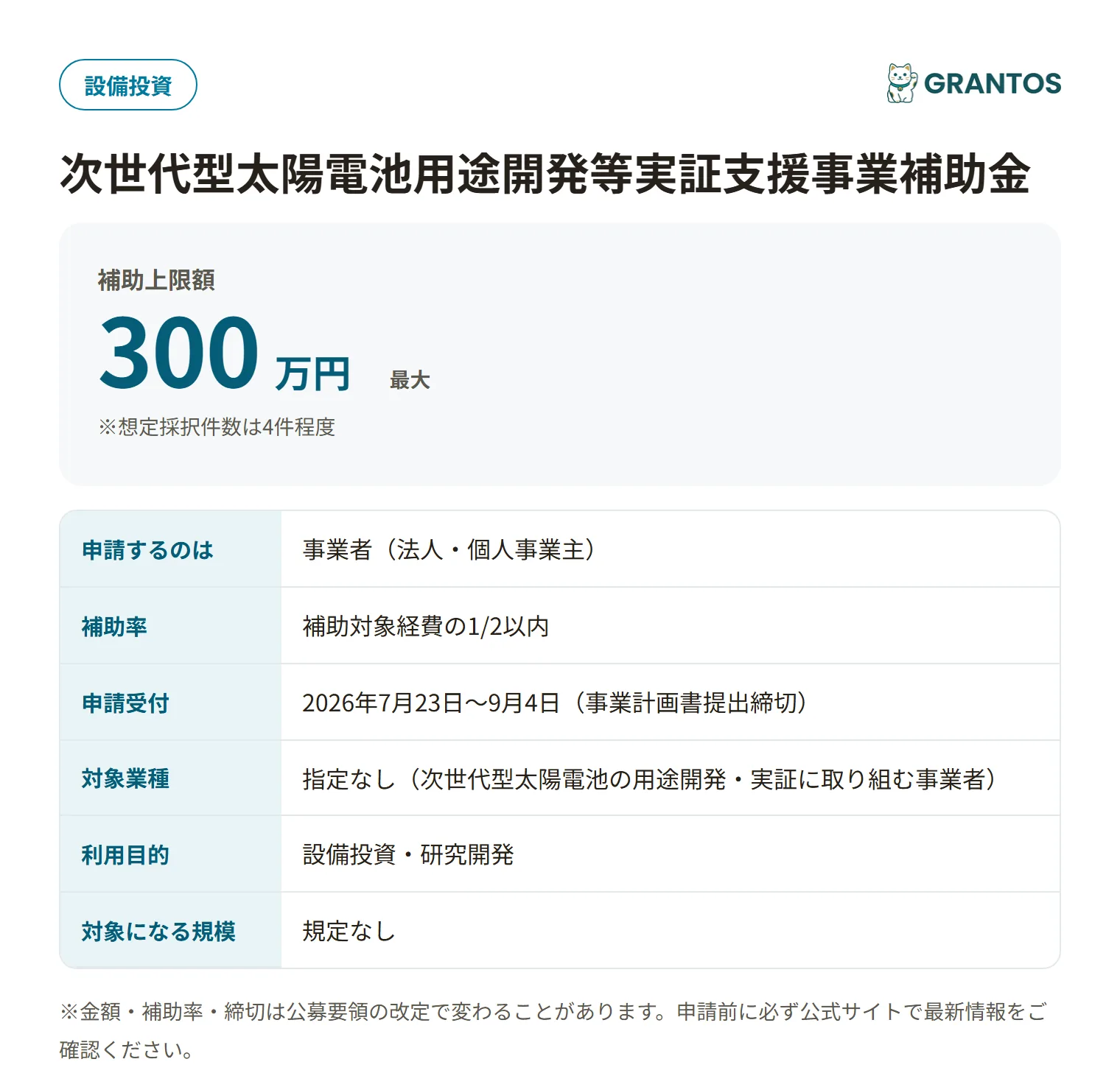 次世代型太陽電池用途開発等実証支援事業補助金の対象・金額・締切の概要