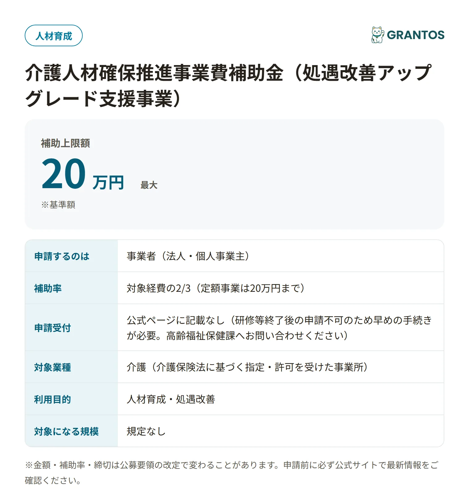 介護人材確保推進事業費補助金（処遇改善アップグレード支援事業）の対象・金額・締切の概要