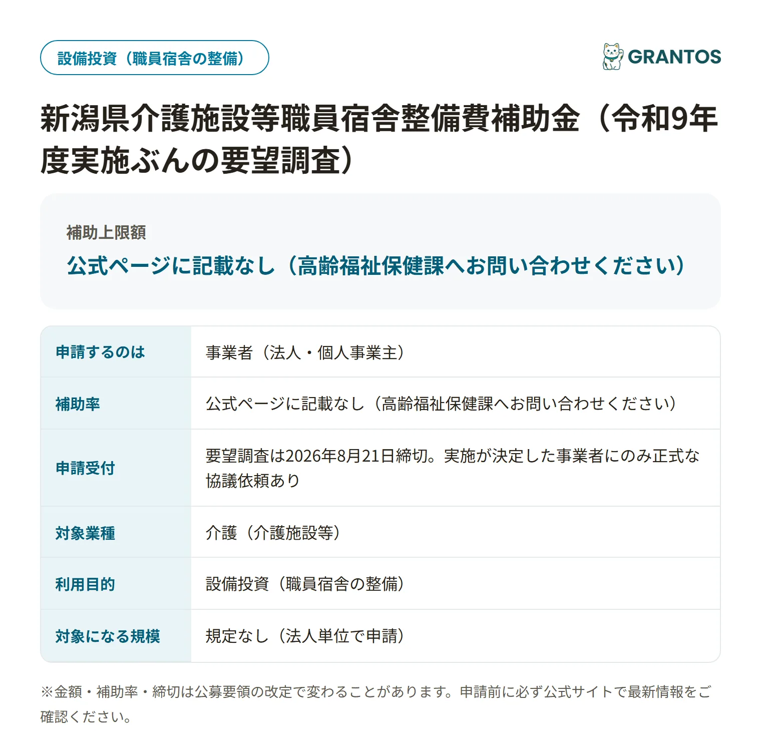 新潟県介護施設等職員宿舎整備費補助金の対象・金額・締切の概要