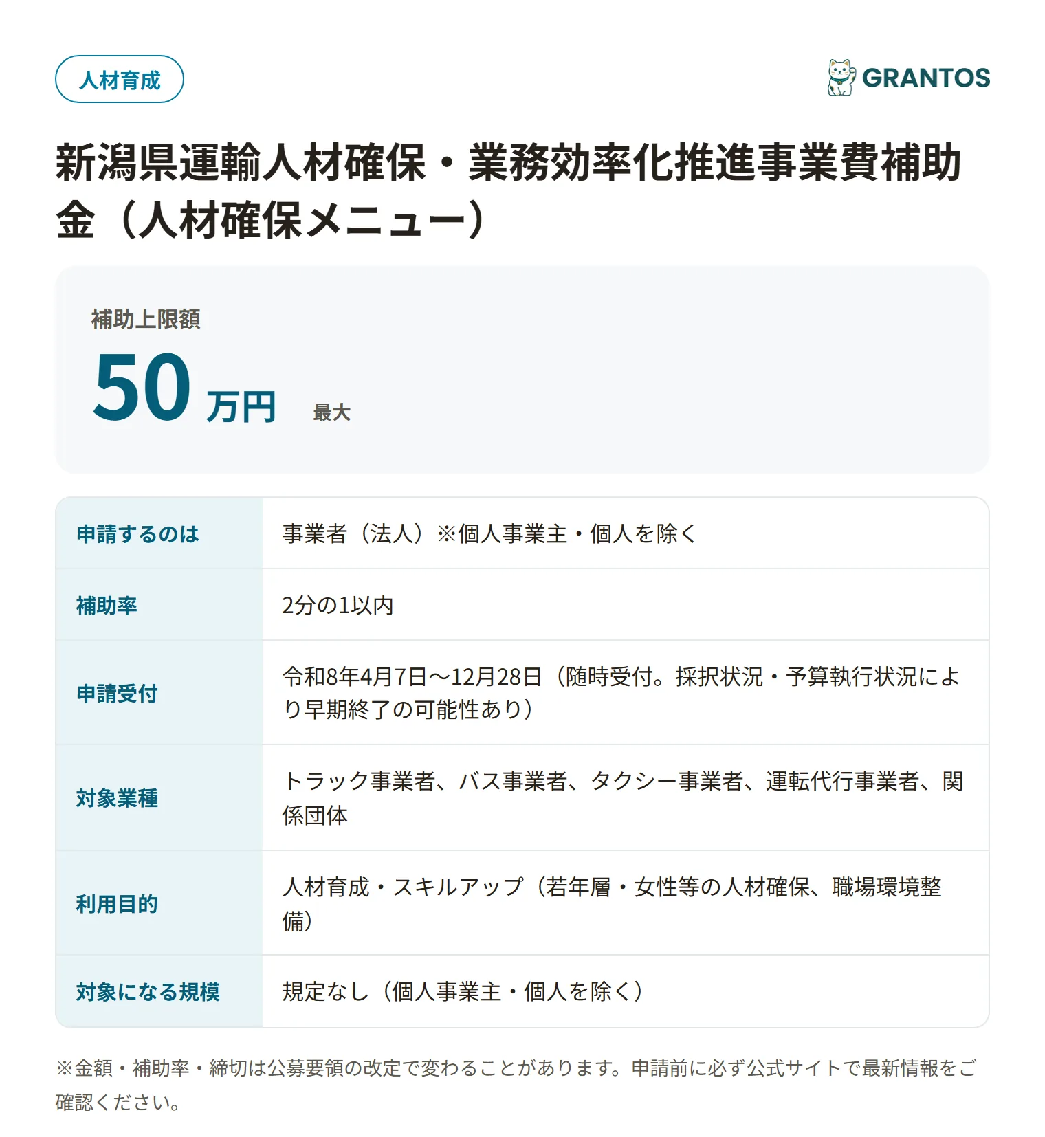新潟県運輸人材確保・業務効率化推進事業費補助金（人材確保メニュー）の対象・金額・締切の概要