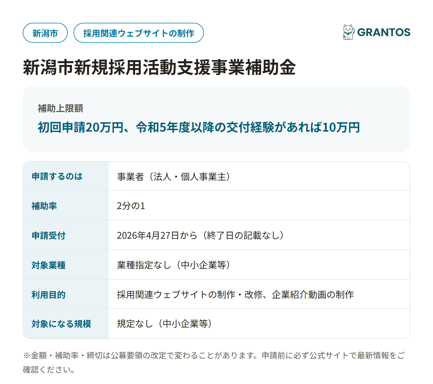 新規採用活動支援事業補助金の対象・金額・締切の概要