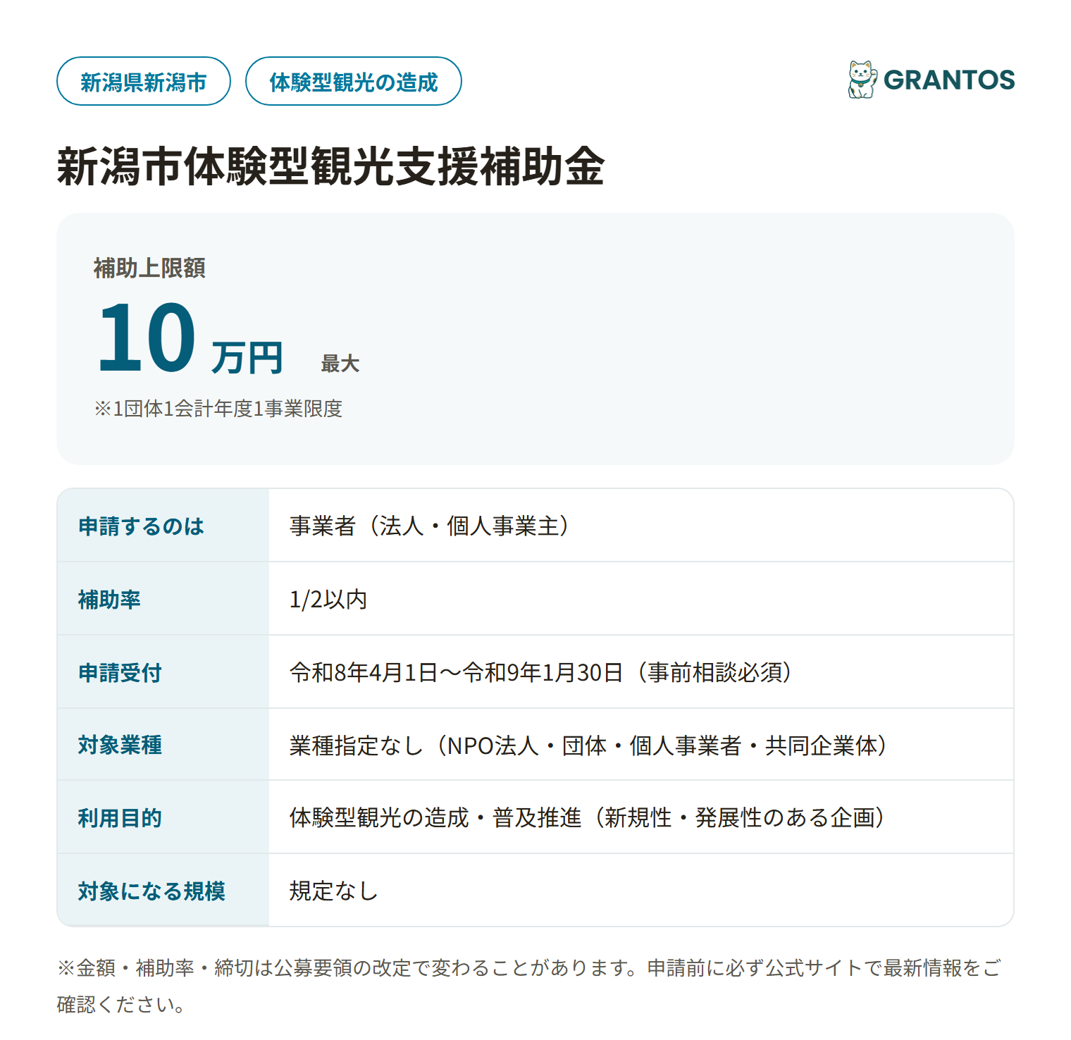 新潟市体験型観光支援補助金の対象・金額・締切の概要