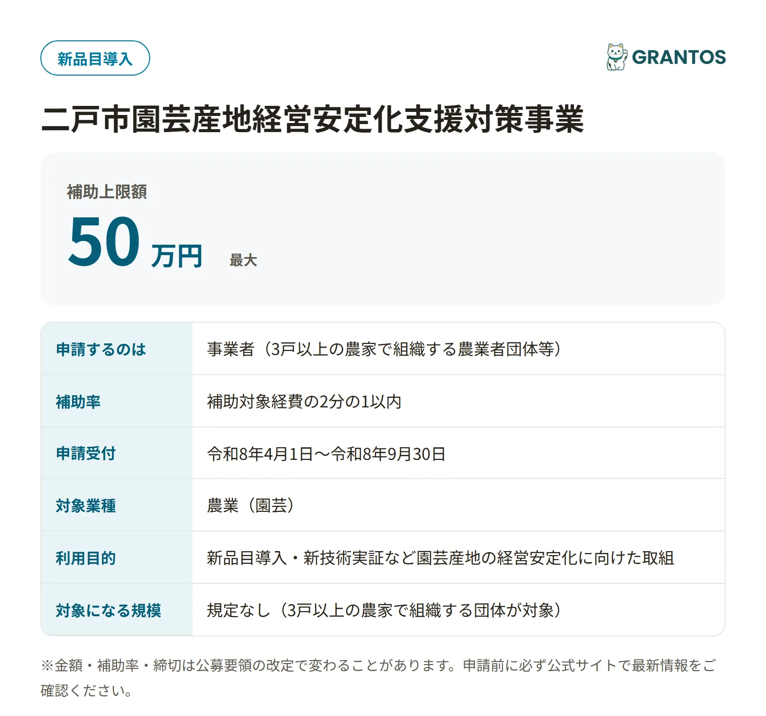 二戸市園芸産地経営安定化支援対策事業の対象・金額・締切の概要