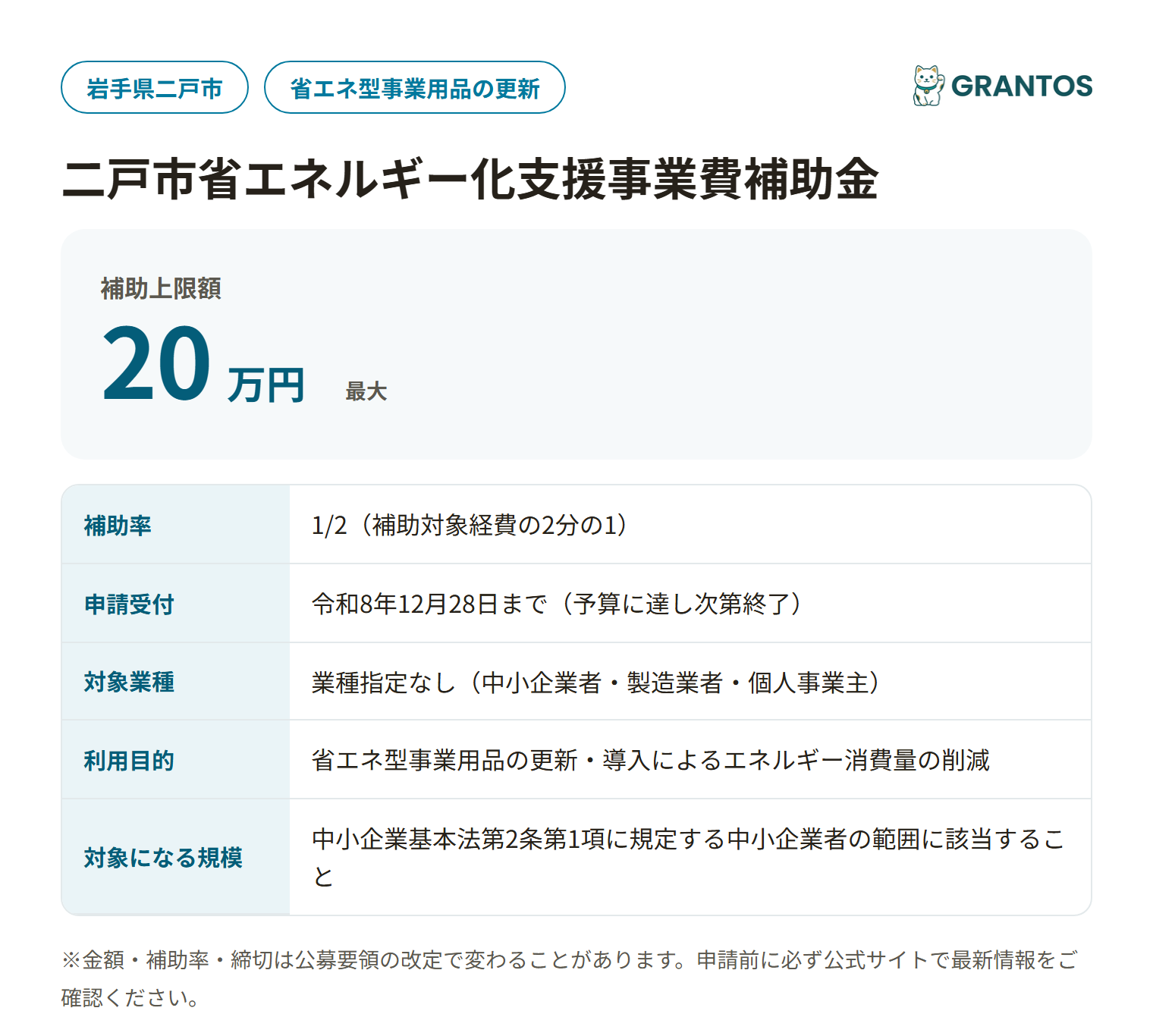 二戸市省エネルギー化支援事業費補助金の対象・金額・締切の概要
