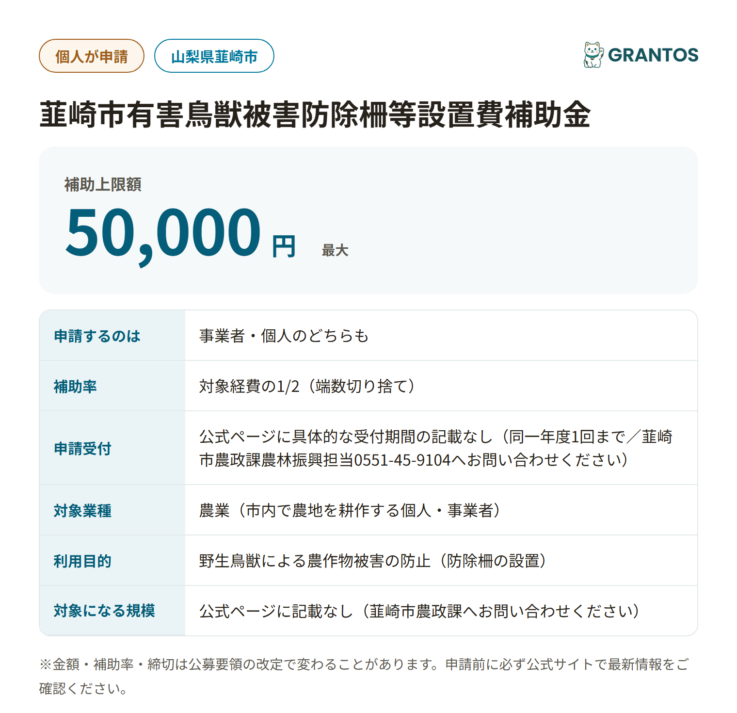 韮崎市有害鳥獣被害防除柵等設置費補助金の対象・金額・締切の概要
