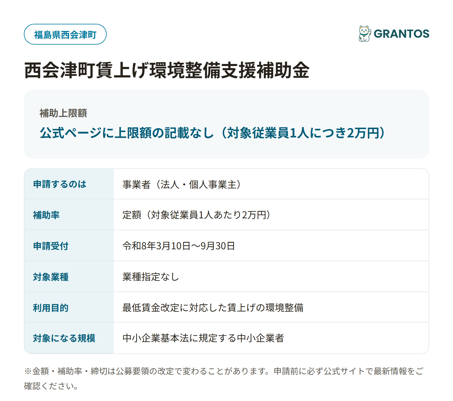 西会津町賃上げ環境整備支援補助金の対象・金額・締切の概要