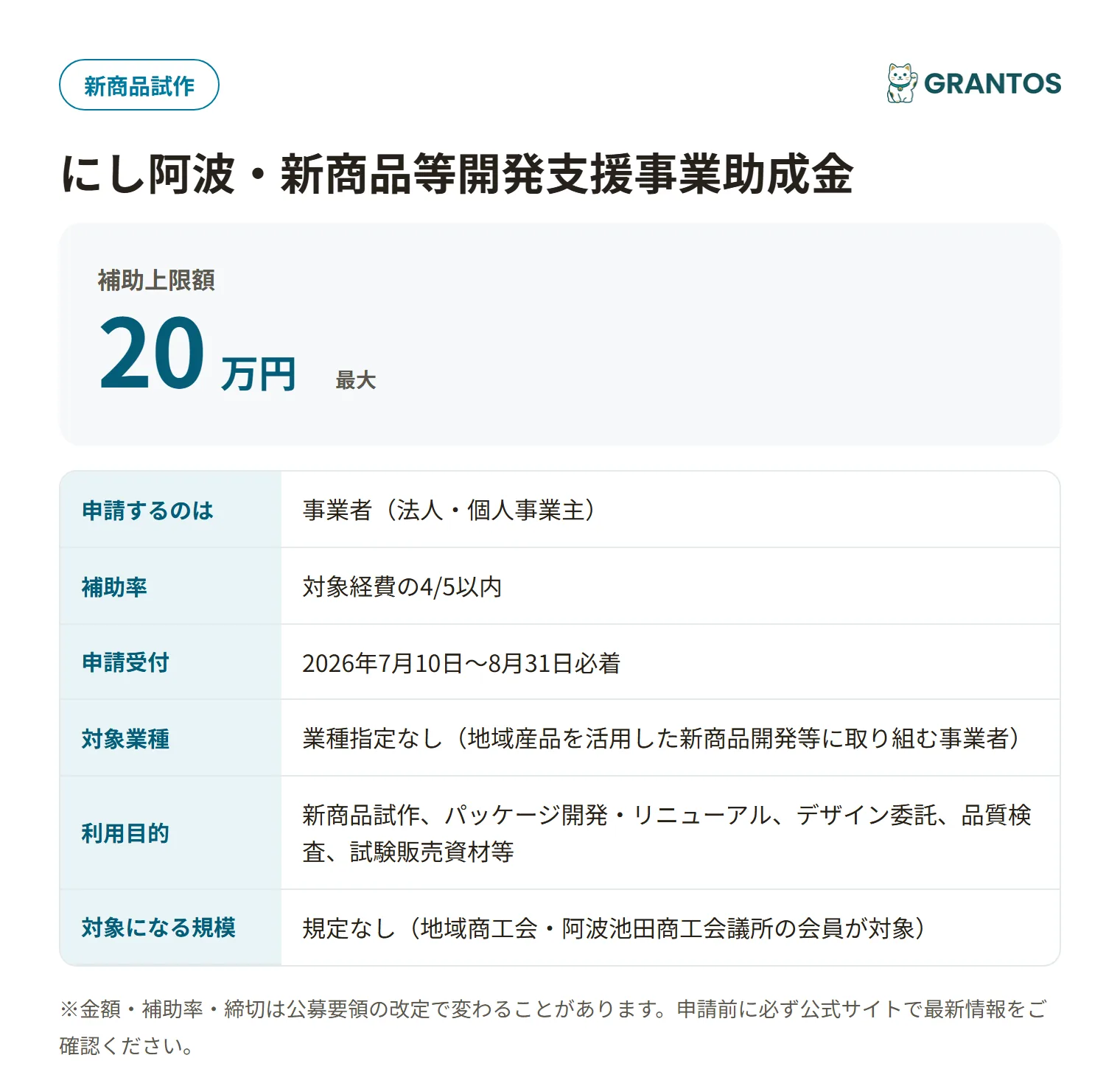 にし阿波・新商品等開発支援事業助成金の対象・金額・締切の概要