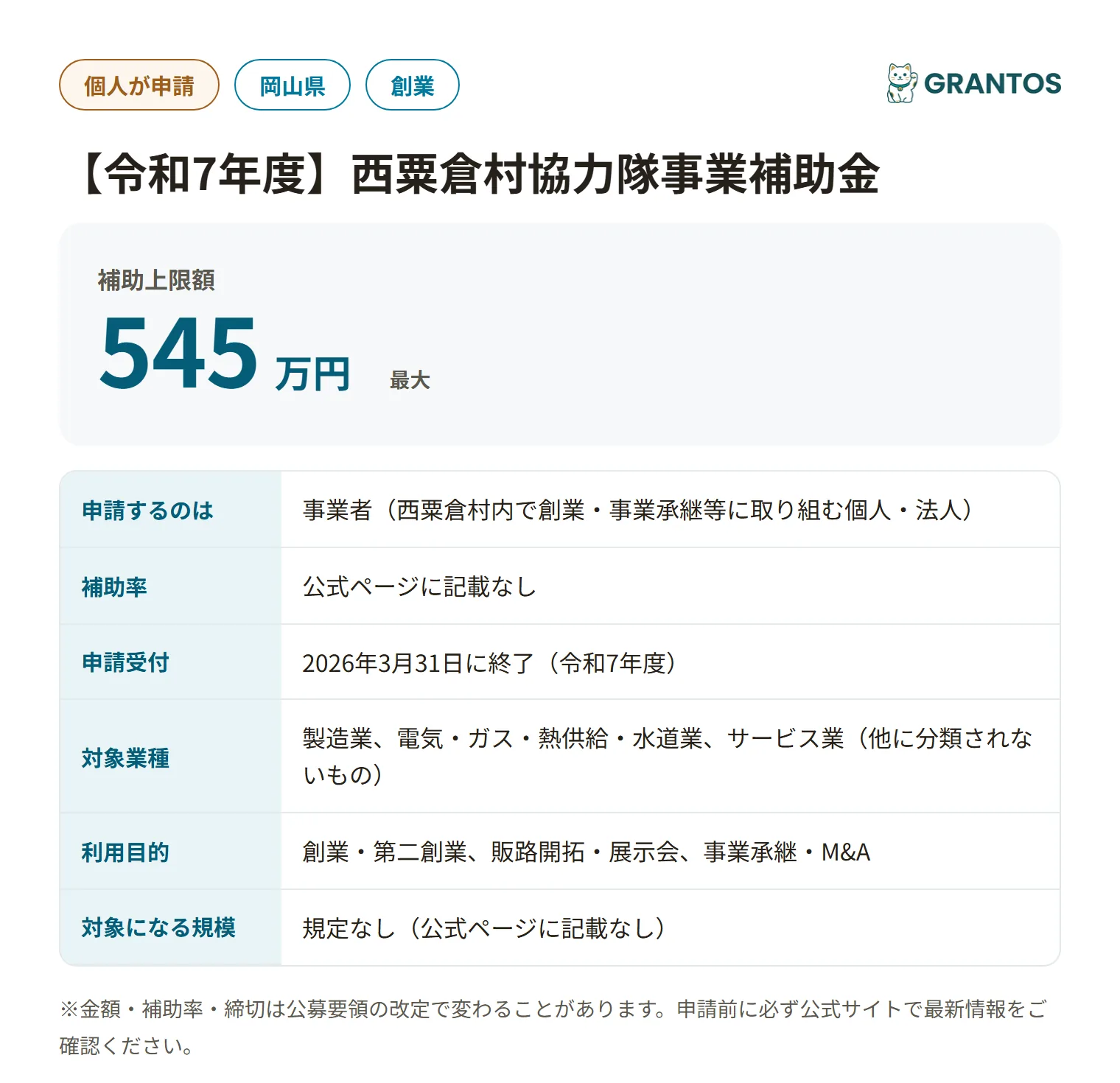 令和7年度西粟倉村協力隊事業補助金の対象・金額・締切の概要