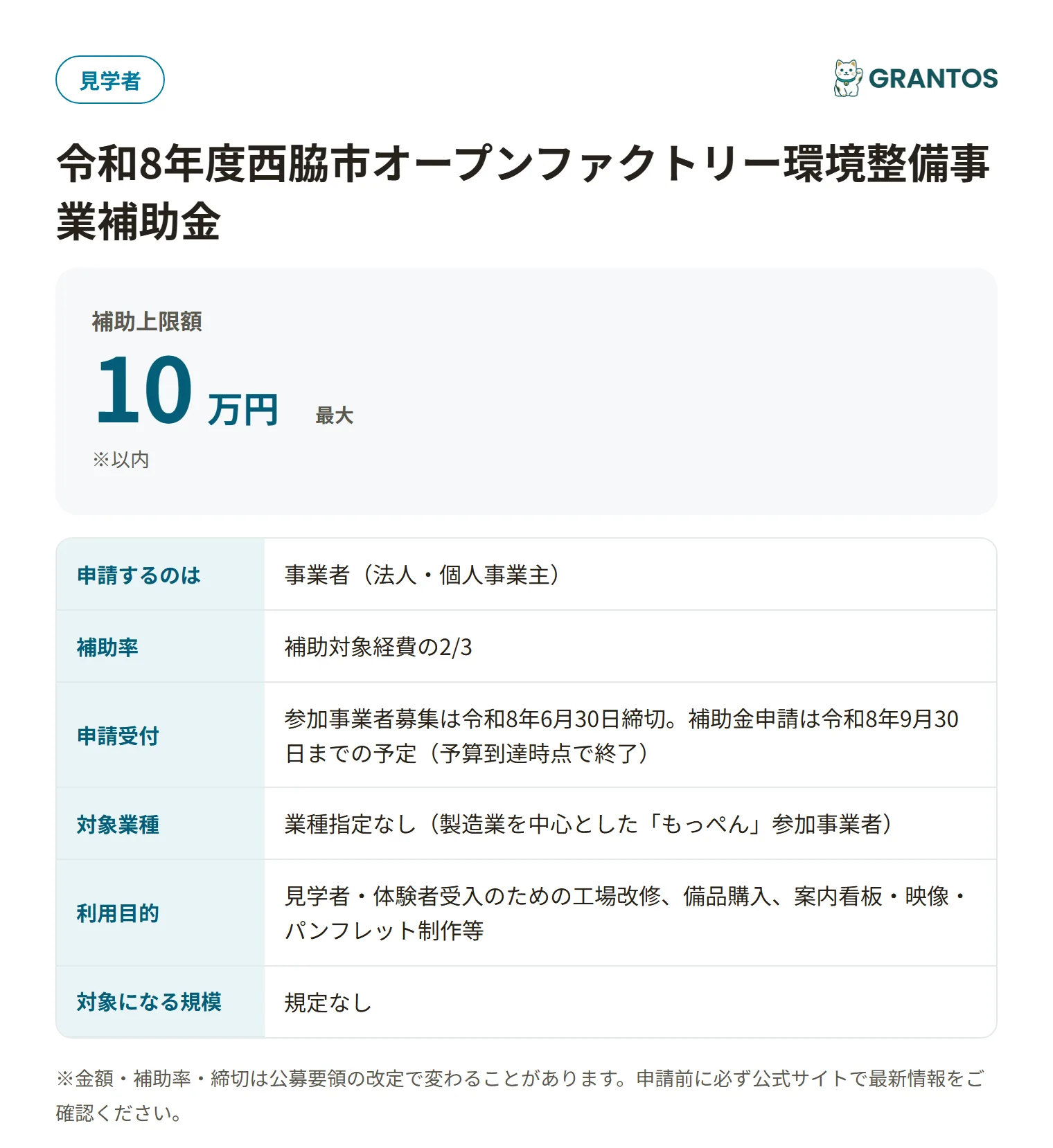 西脇市オープンファクトリー環境整備事業補助金の対象・金額・締切の概要