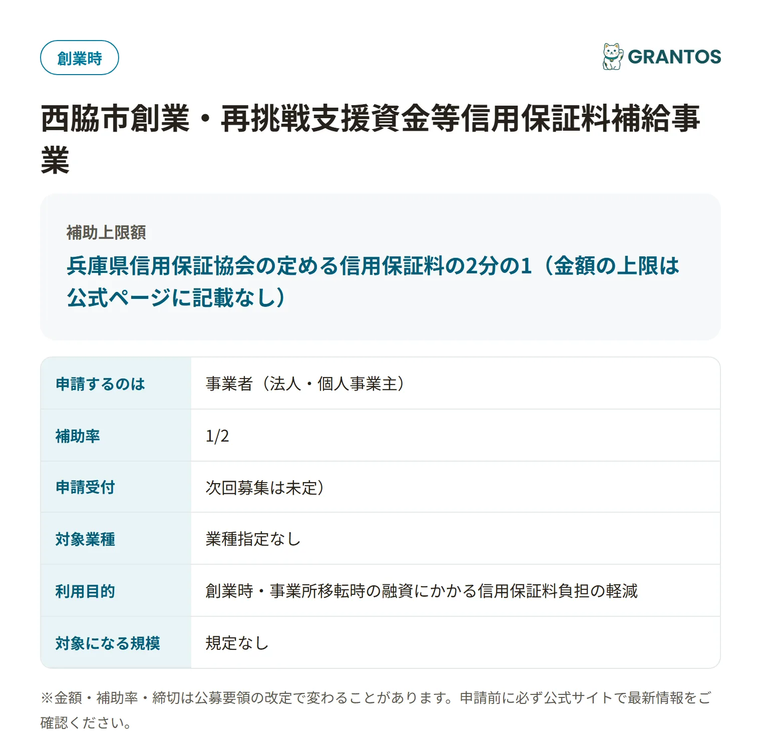 西脇市創業・再挑戦支援資金等信用保証料補給事業の対象・金額・締切の概要