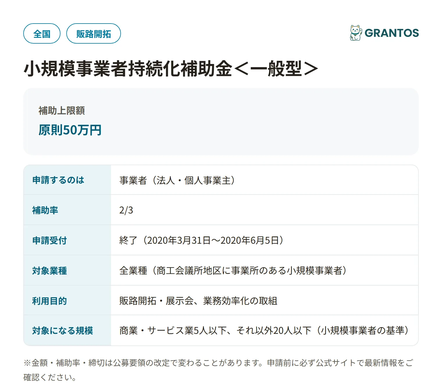小規模事業者持続化補助金＜一般型＞の対象・金額・締切の概要