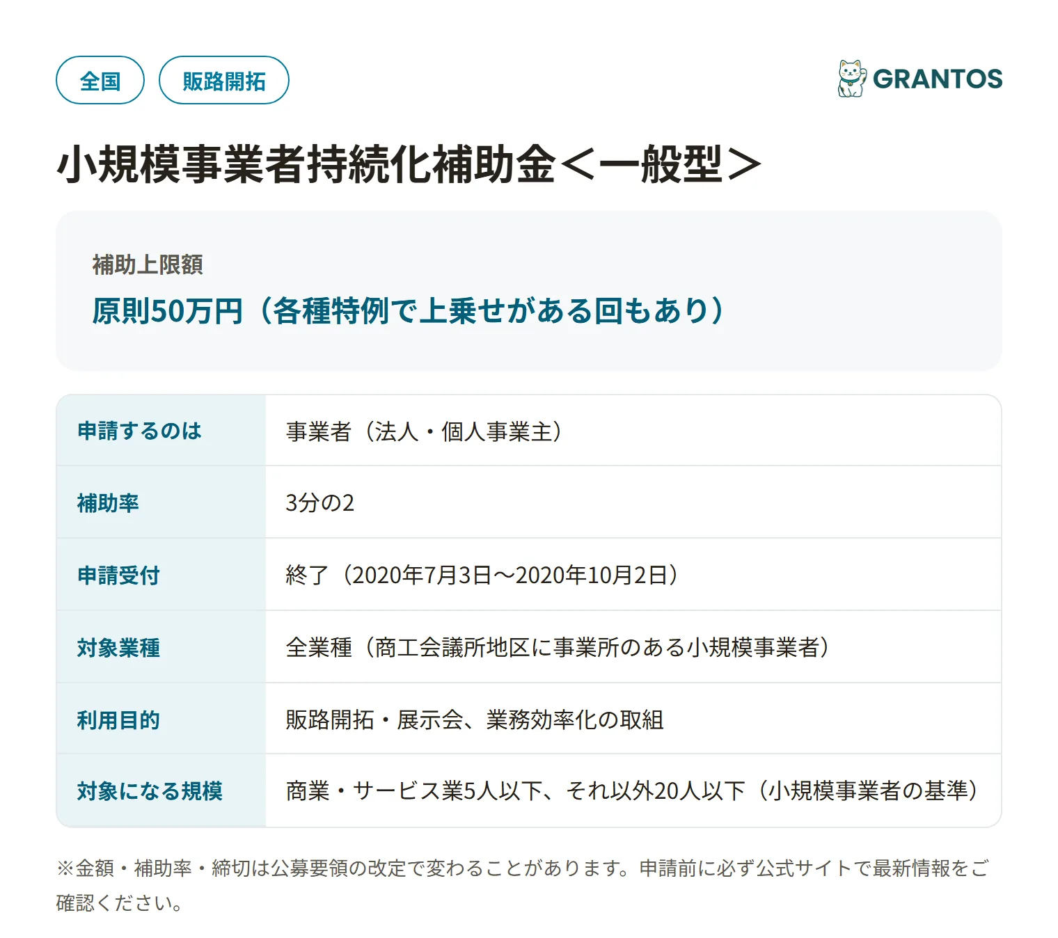 小規模事業者持続化補助金＜一般型＞の対象・金額・締切の概要