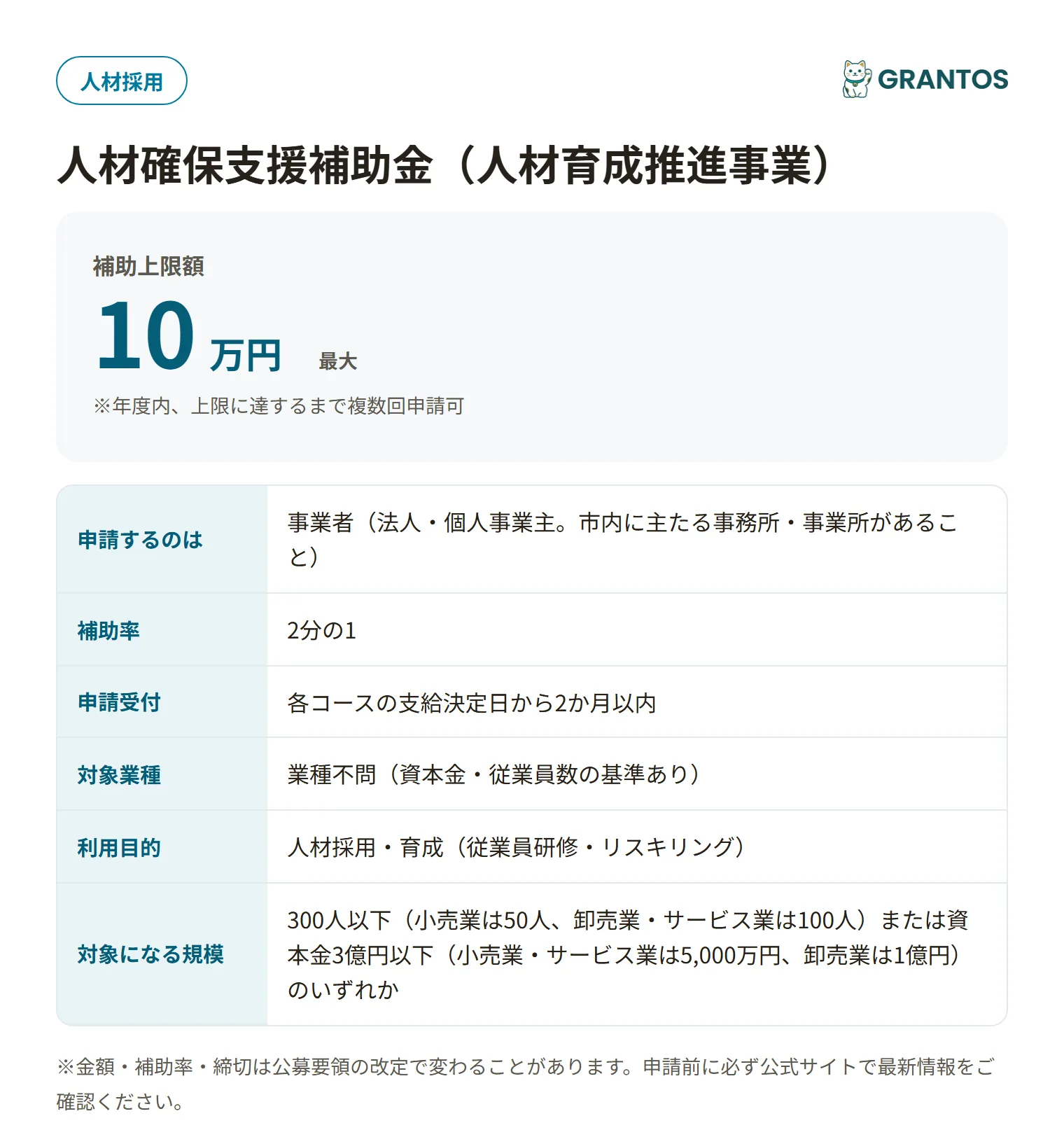 延岡市人材確保支援補助金（人材育成推進事業）の対象・金額・締切の概要