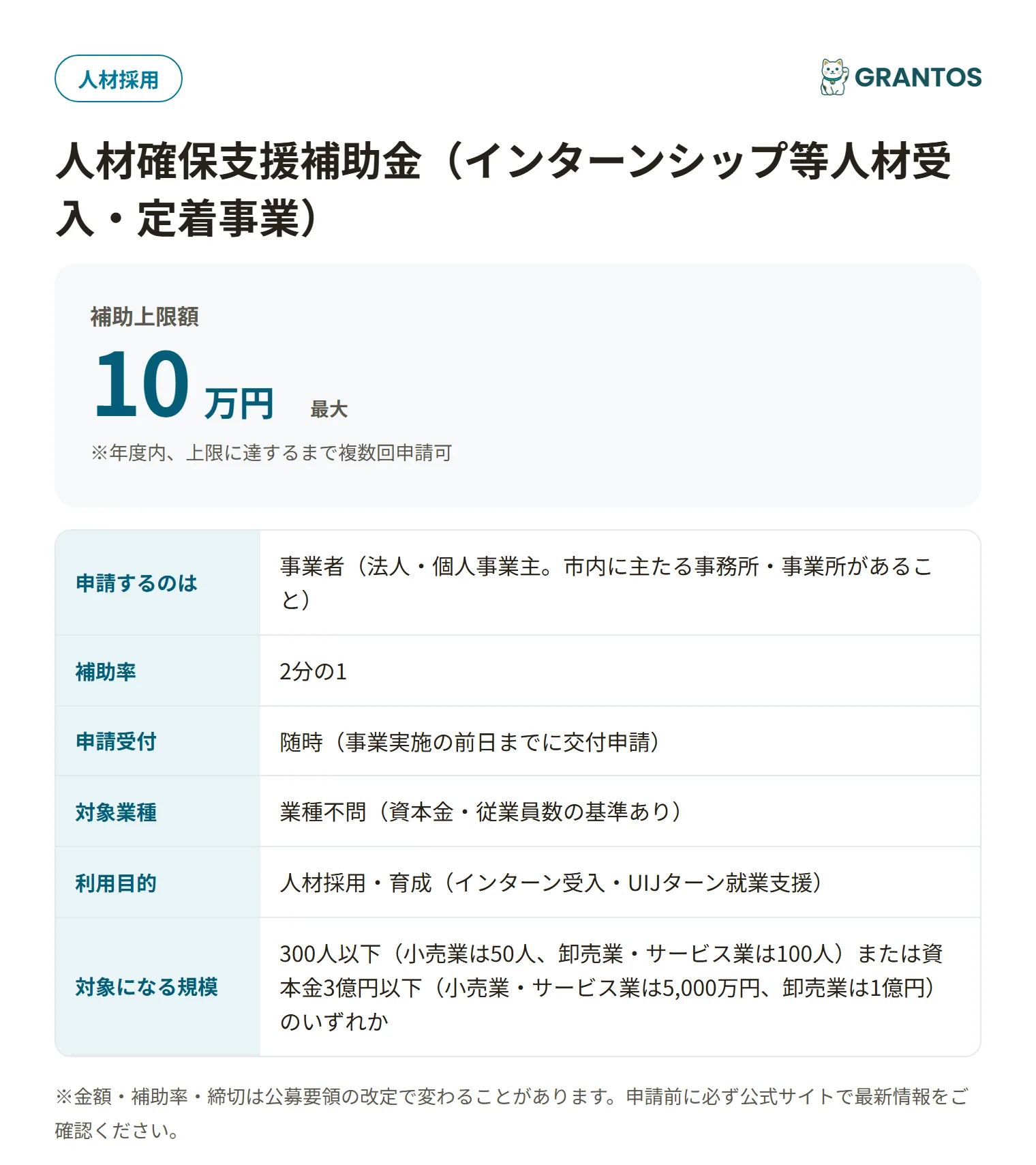 延岡市人材確保支援補助金（インターンシップ等人材受入・定着事業）の対象・金額・締切の概要