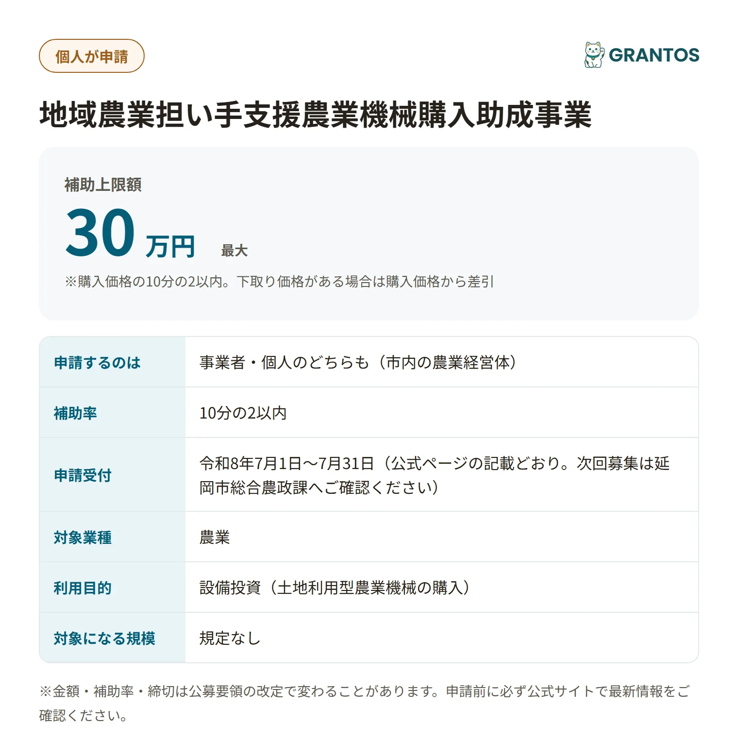 延岡市地域農業担い手支援農業機械購入助成事業の対象・金額・締切の概要