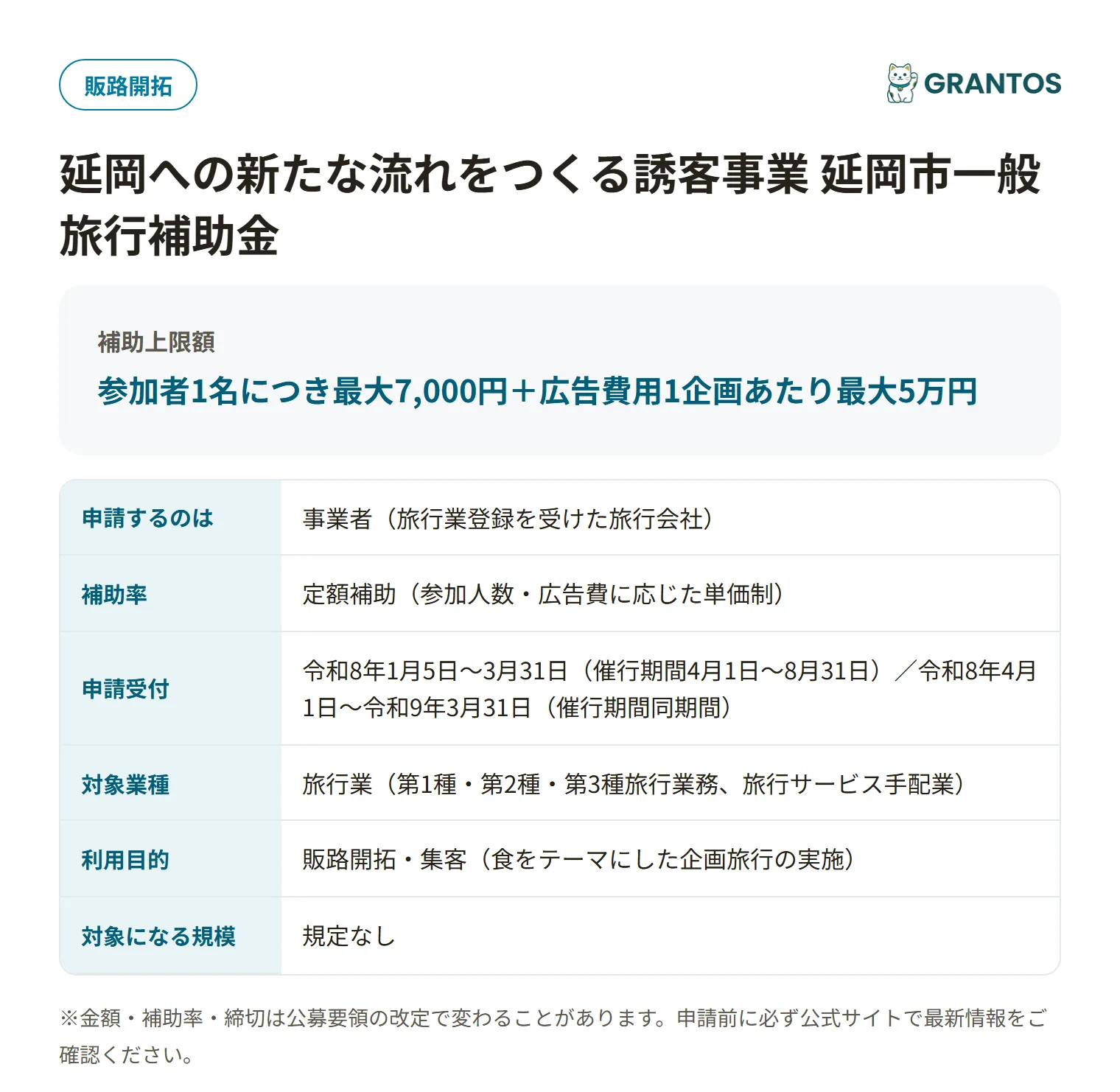 延岡市一般旅行補助金の対象・金額・締切の概要