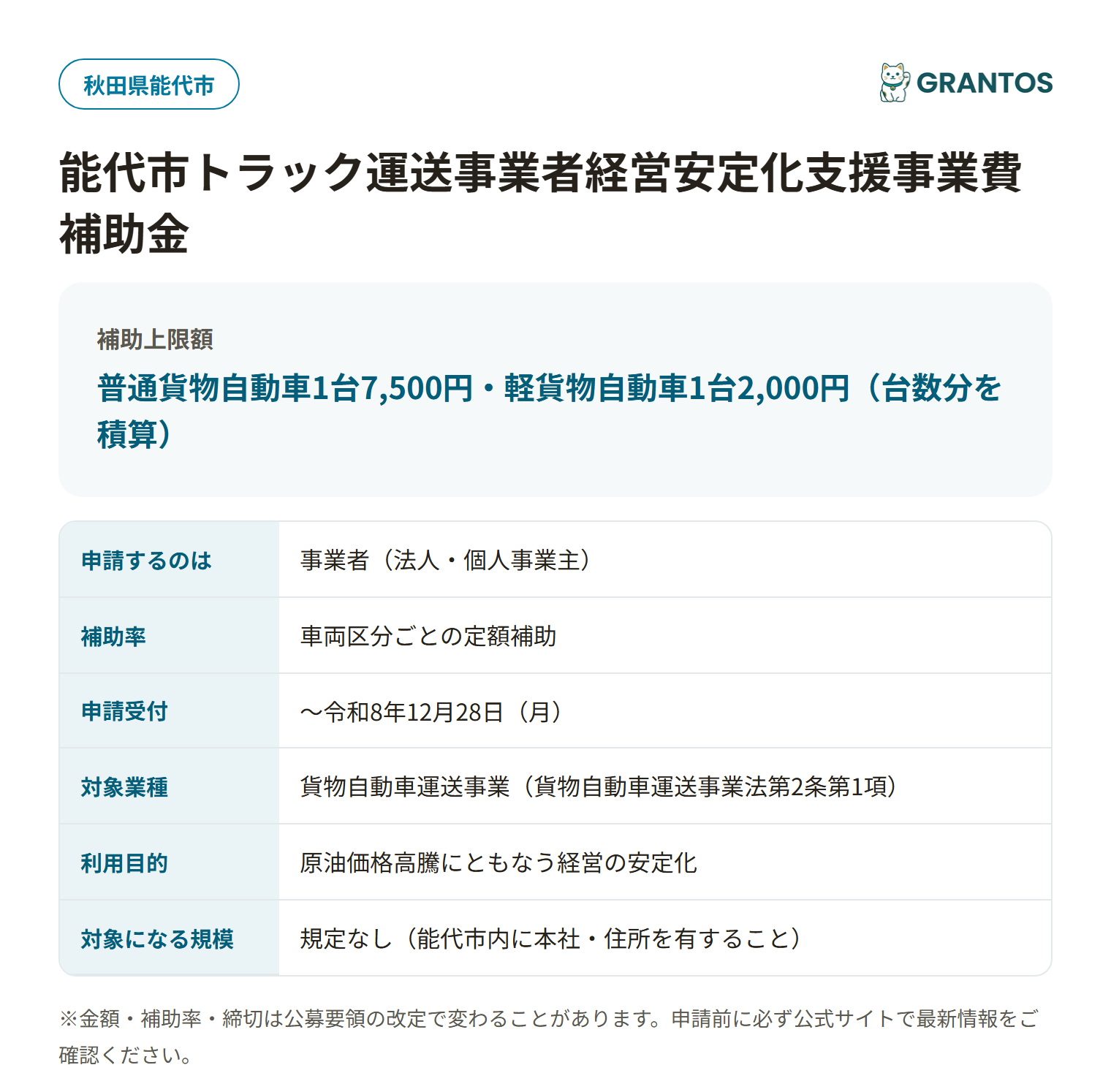 能代市トラック運送事業者経営安定化支援事業費補助金の対象・金額・締切の概要