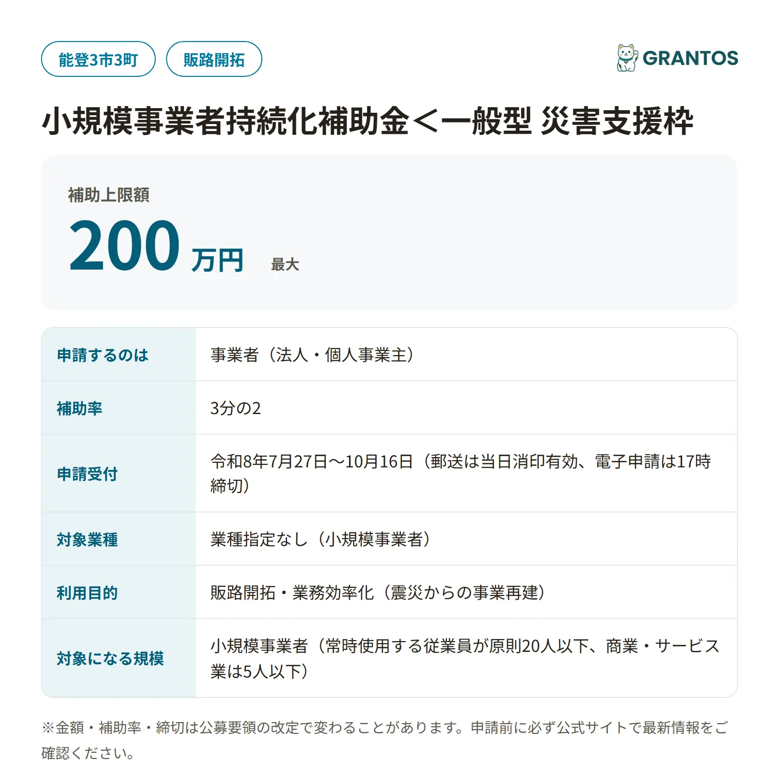 小規模事業者持続化補助金災害支援枠10次公募の対象・金額・締切の概要