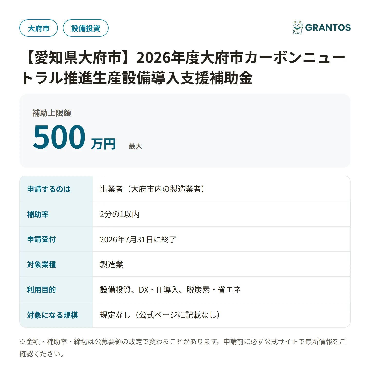 2026年度大府市カーボンニュートラル推進生産設備導入支援補助金（生産設備）の対象・金額・締切の概要