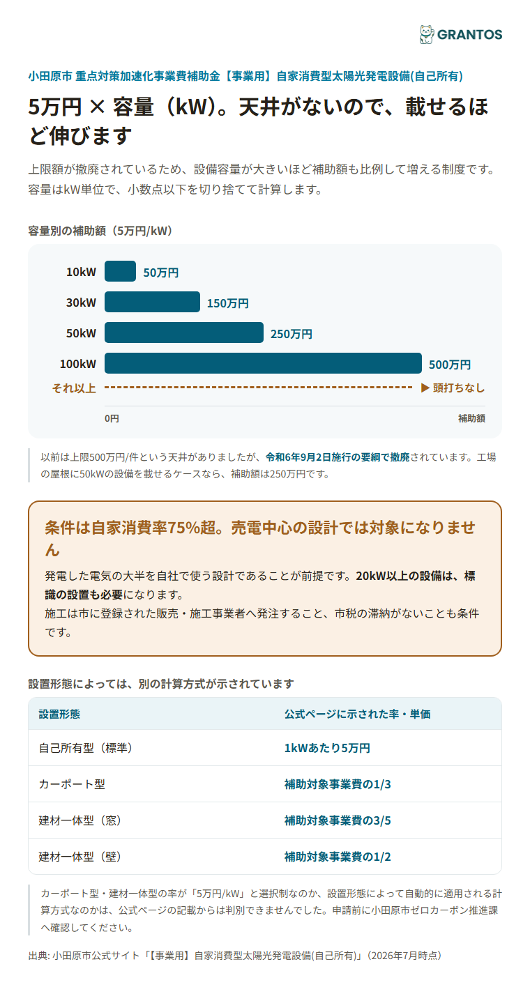 容量別の補助額シミュレーション（5万円/kW・上限なし）